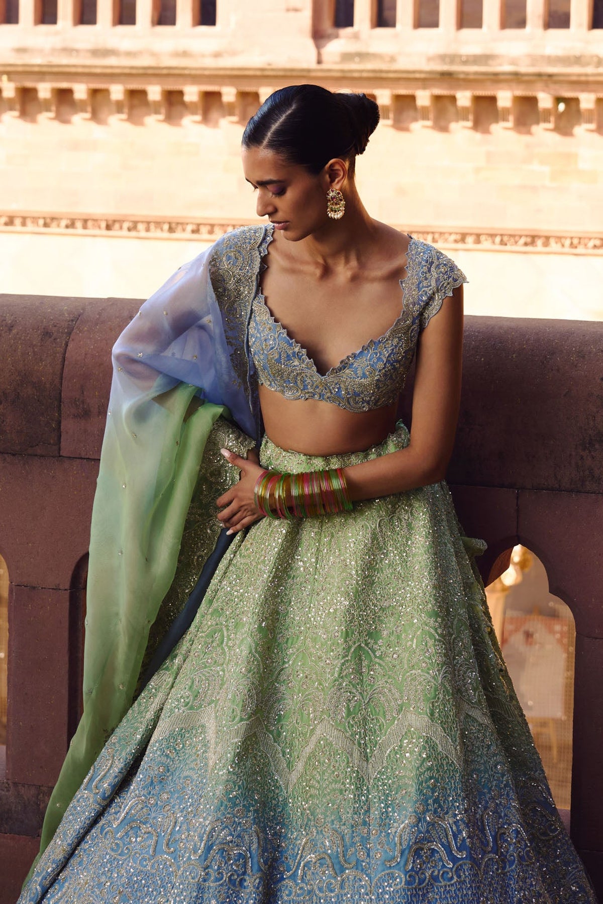 Green To Blue Ombre Crystal Lehenga Set