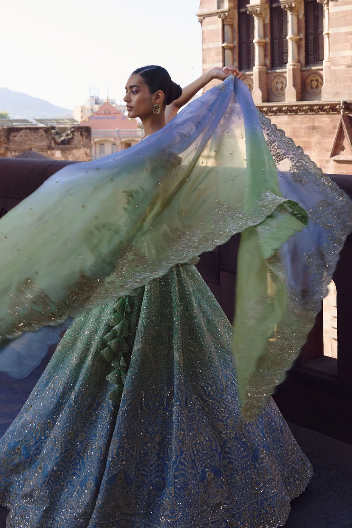 Green To Blue Ombre Crystal Lehenga Set