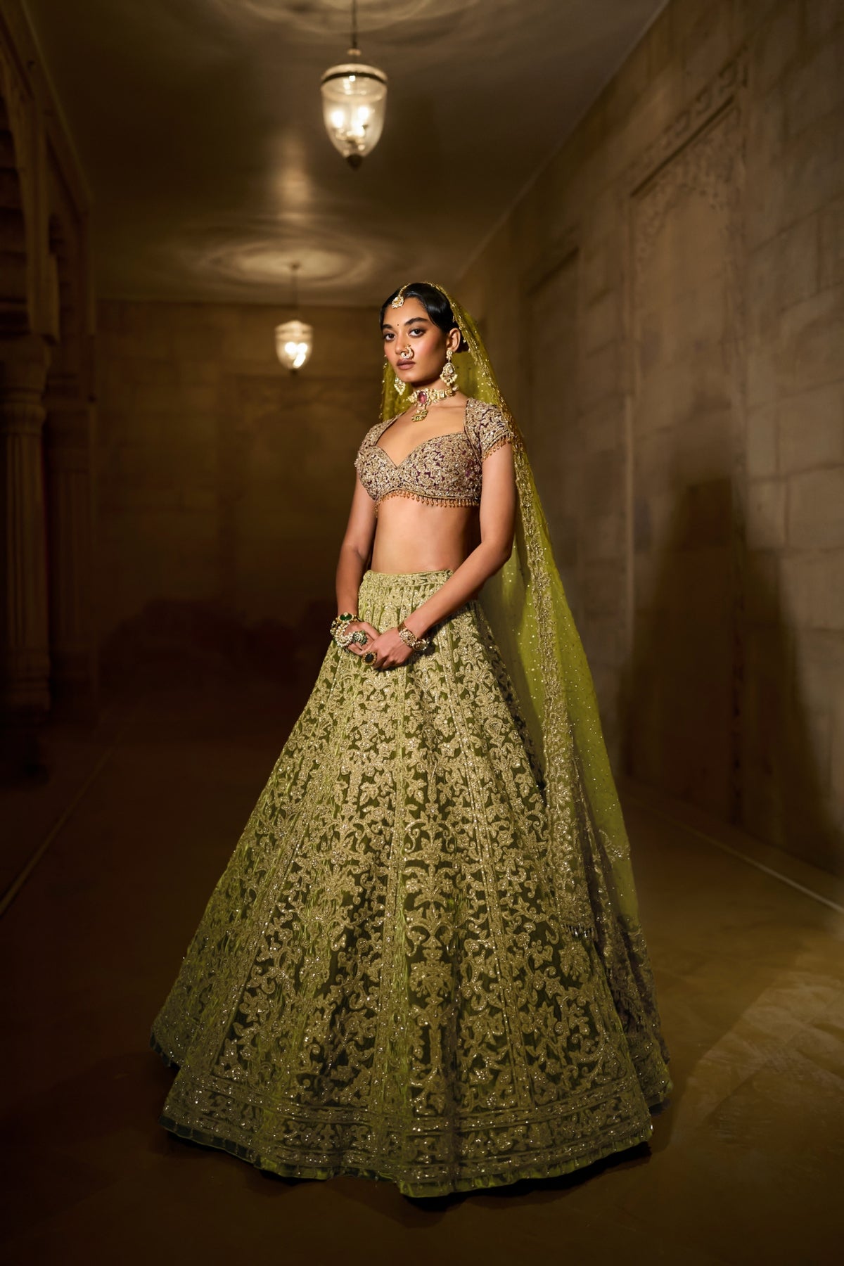 Green Velvet Zardosi Lehenga Set
