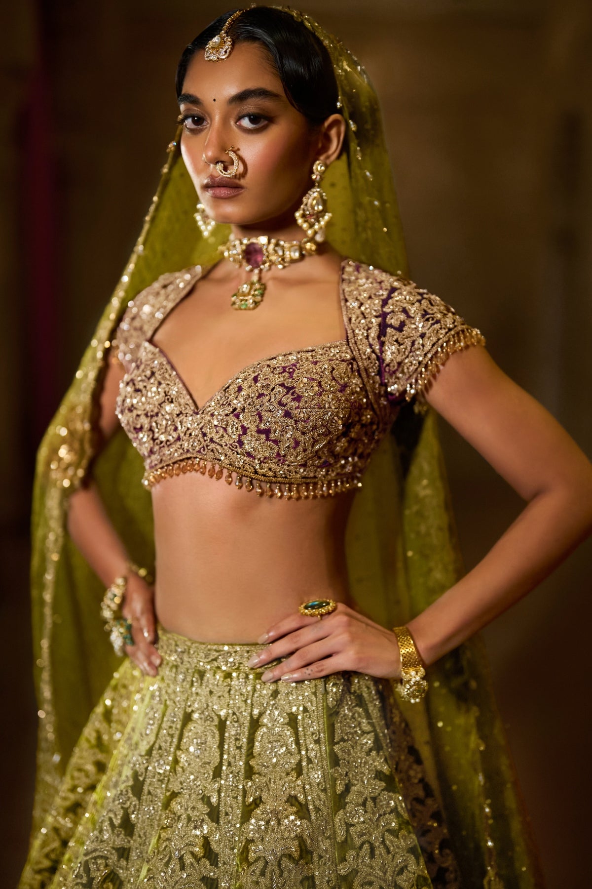 Green Velvet Zardosi Lehenga Set