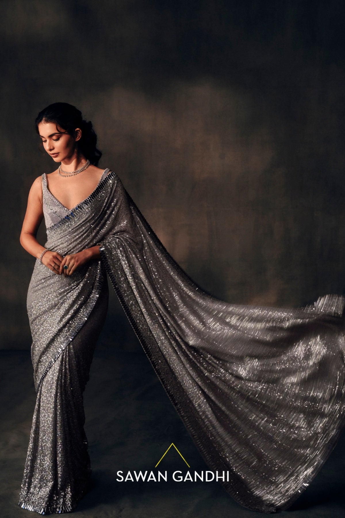 Grey heavy Sequins saree