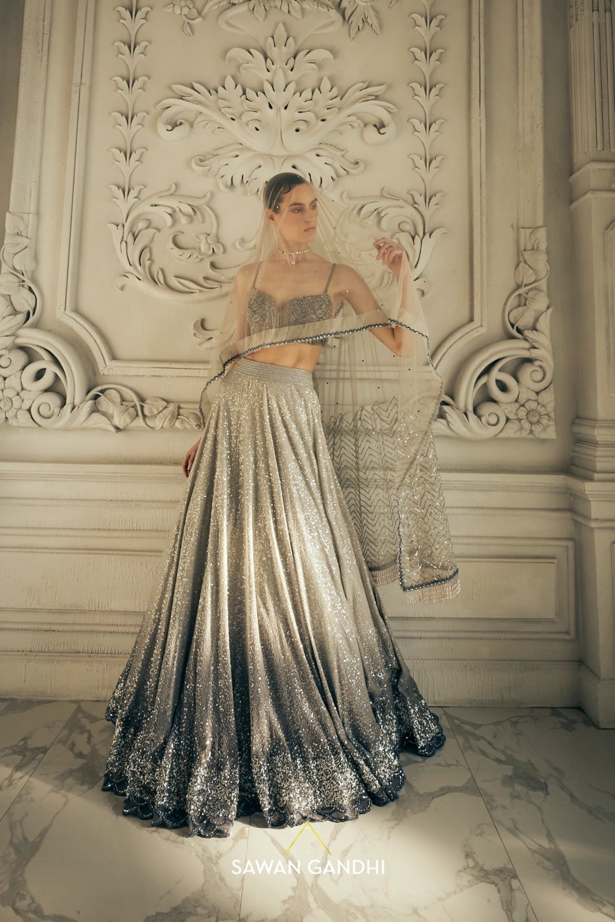 Grey ombre sequins lehenga