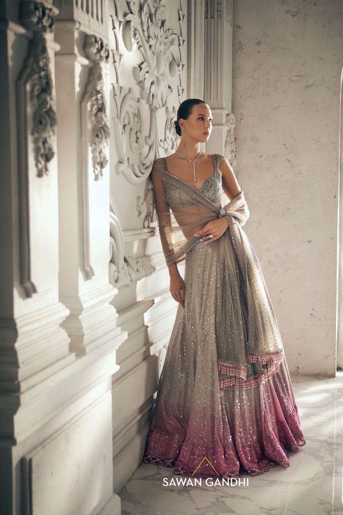 Grey to pink ombre sequins lehenga
