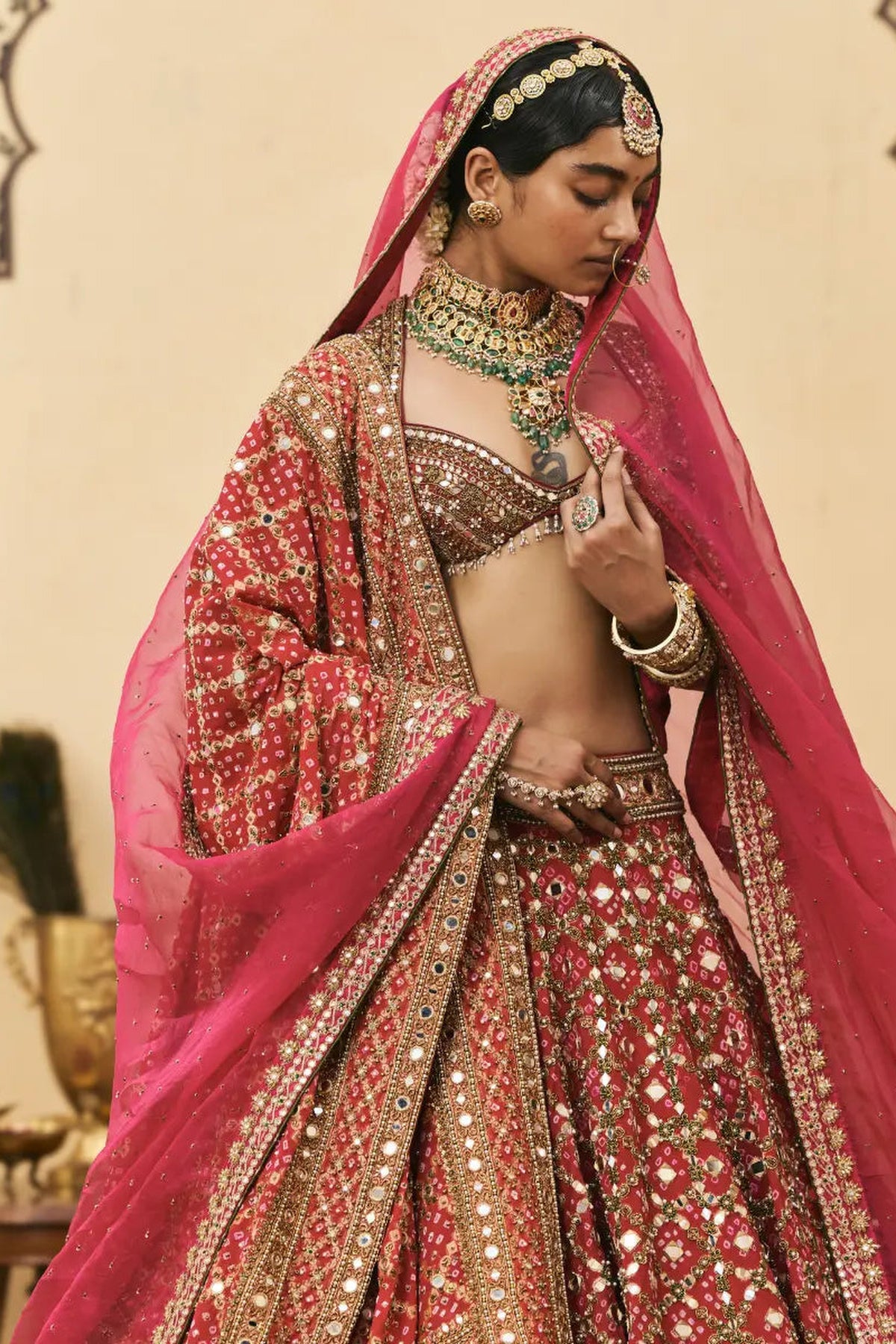 Gulabi Bandhej Georgette Lehenga Set