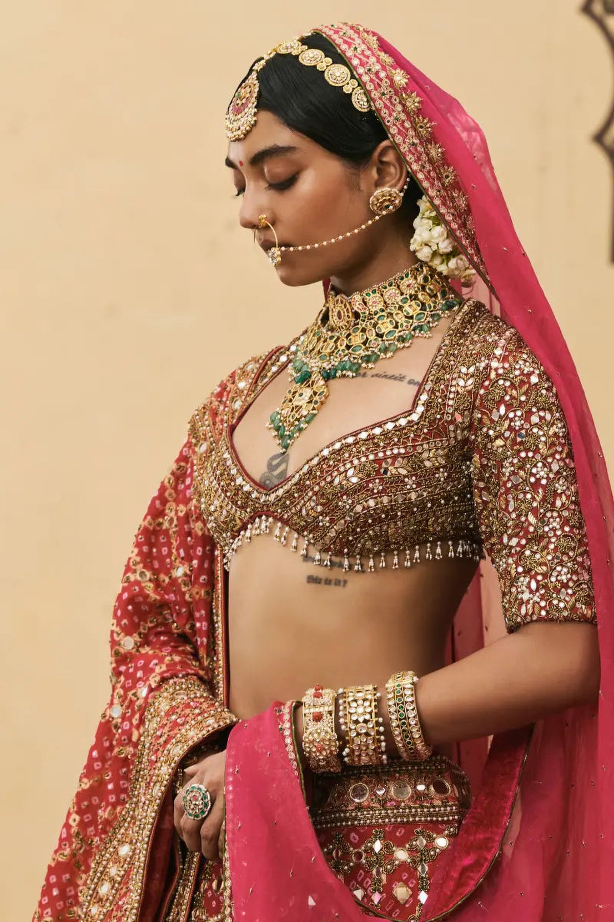 Gulabi Bandhej Georgette Lehenga Set