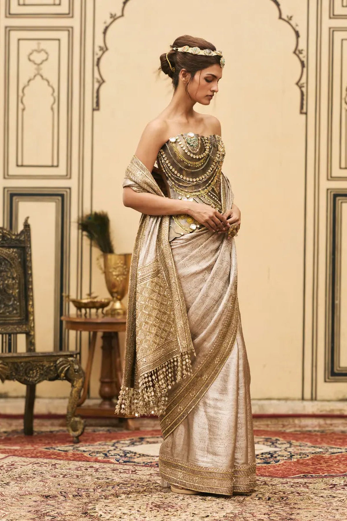 Gulnaar Tissue Brocade Metal Saree Set