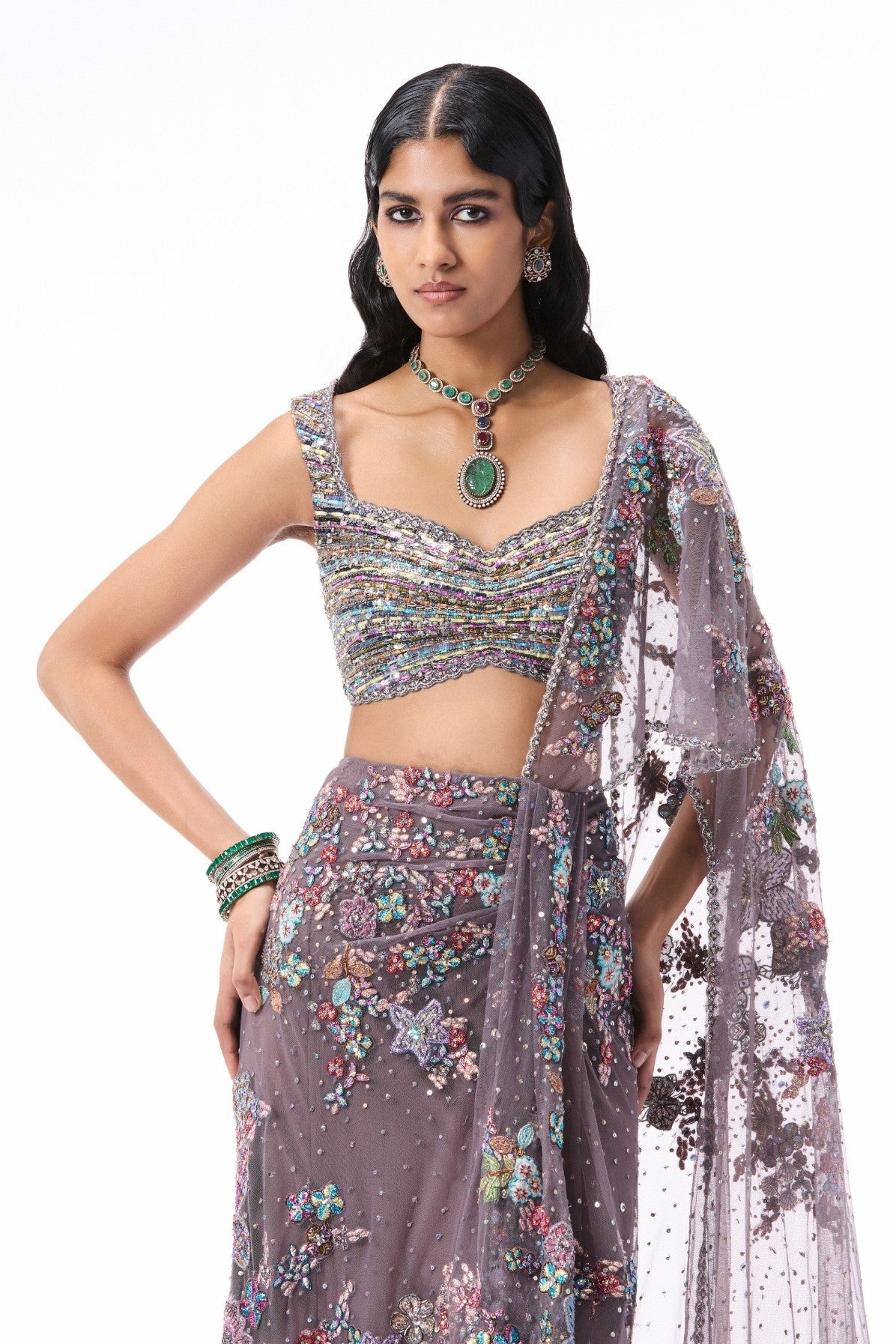 Rosemist - gunmetal tulle drape saree