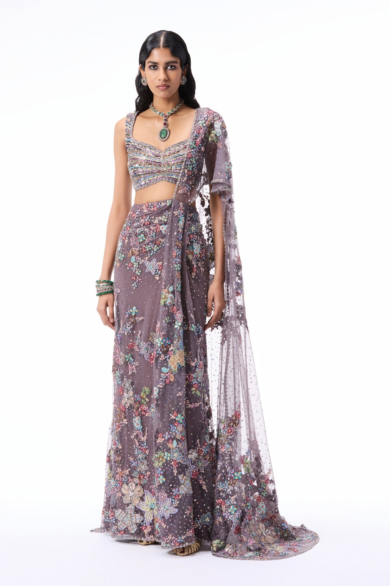 Rosemist - gunmetal tulle drape saree