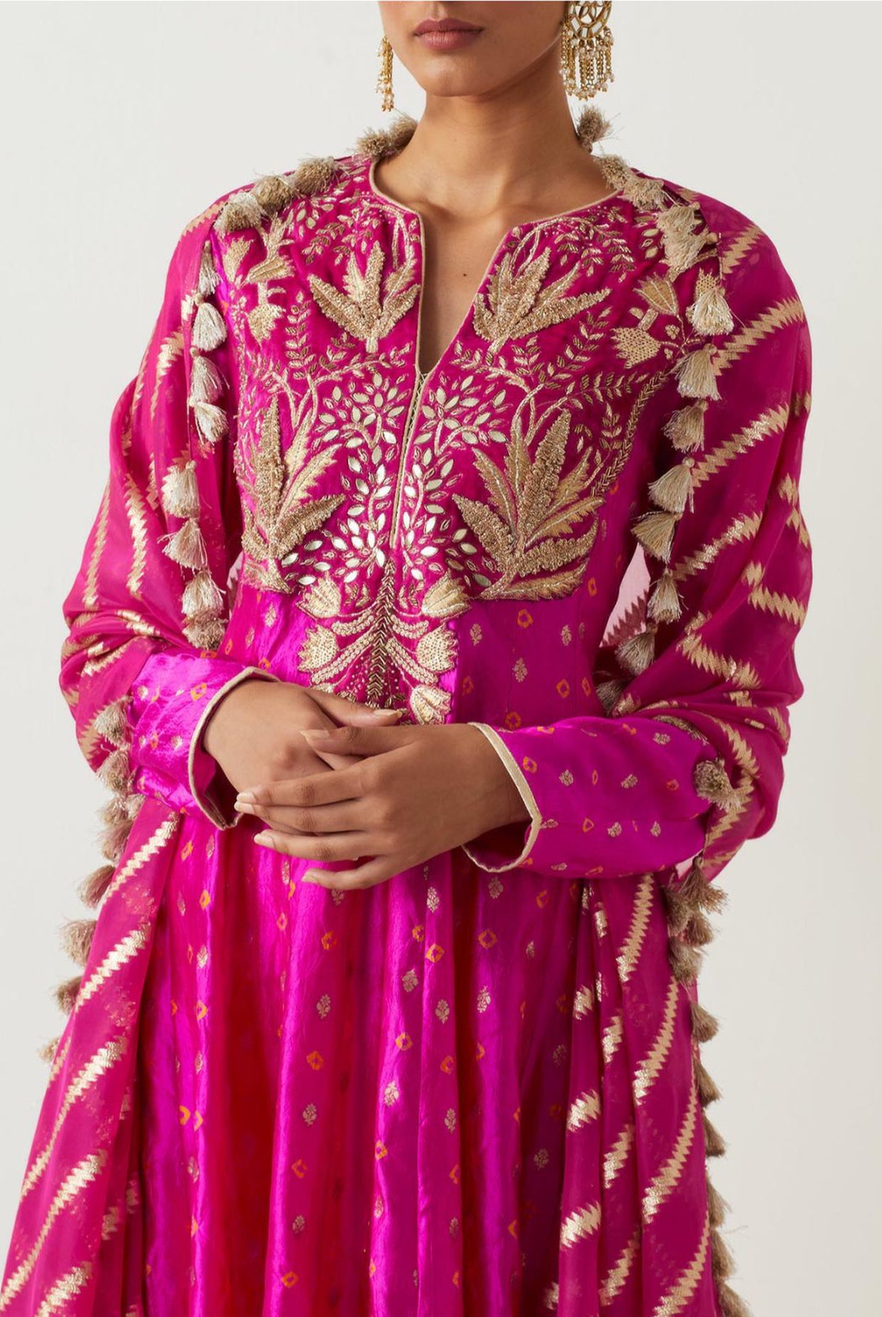 Hot Pink Embroidered Anarkali And Churidar With Organza Dupatta