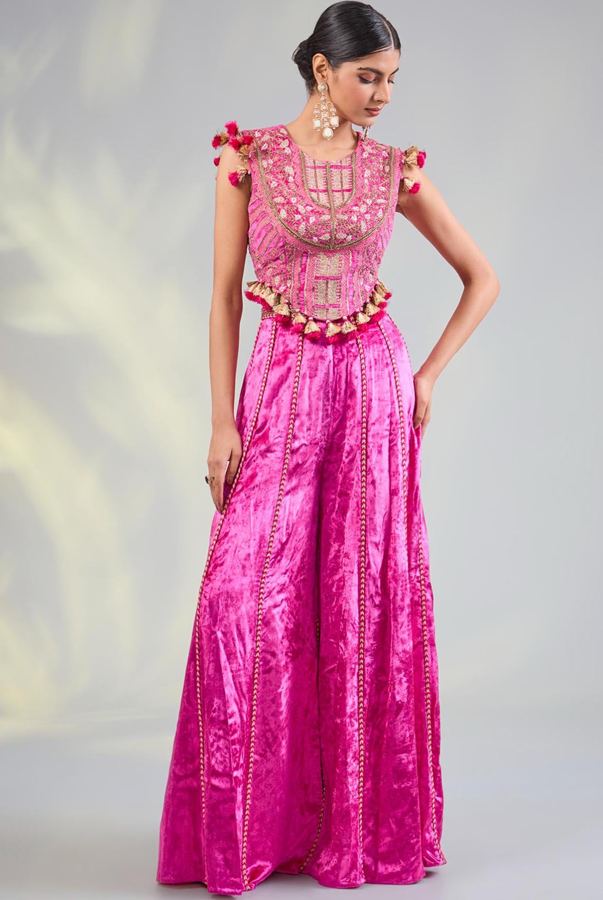 Hot Pink Embroidered Choli With Sharara