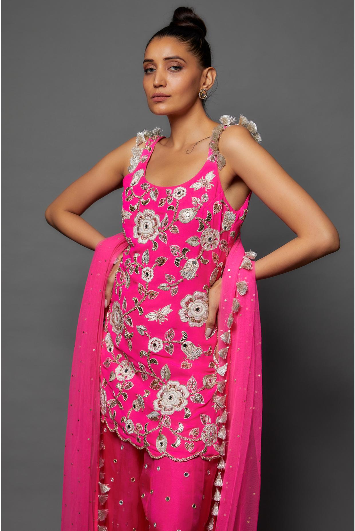 Hot Pink Embroidered Kurta & Sharara With Dupatta