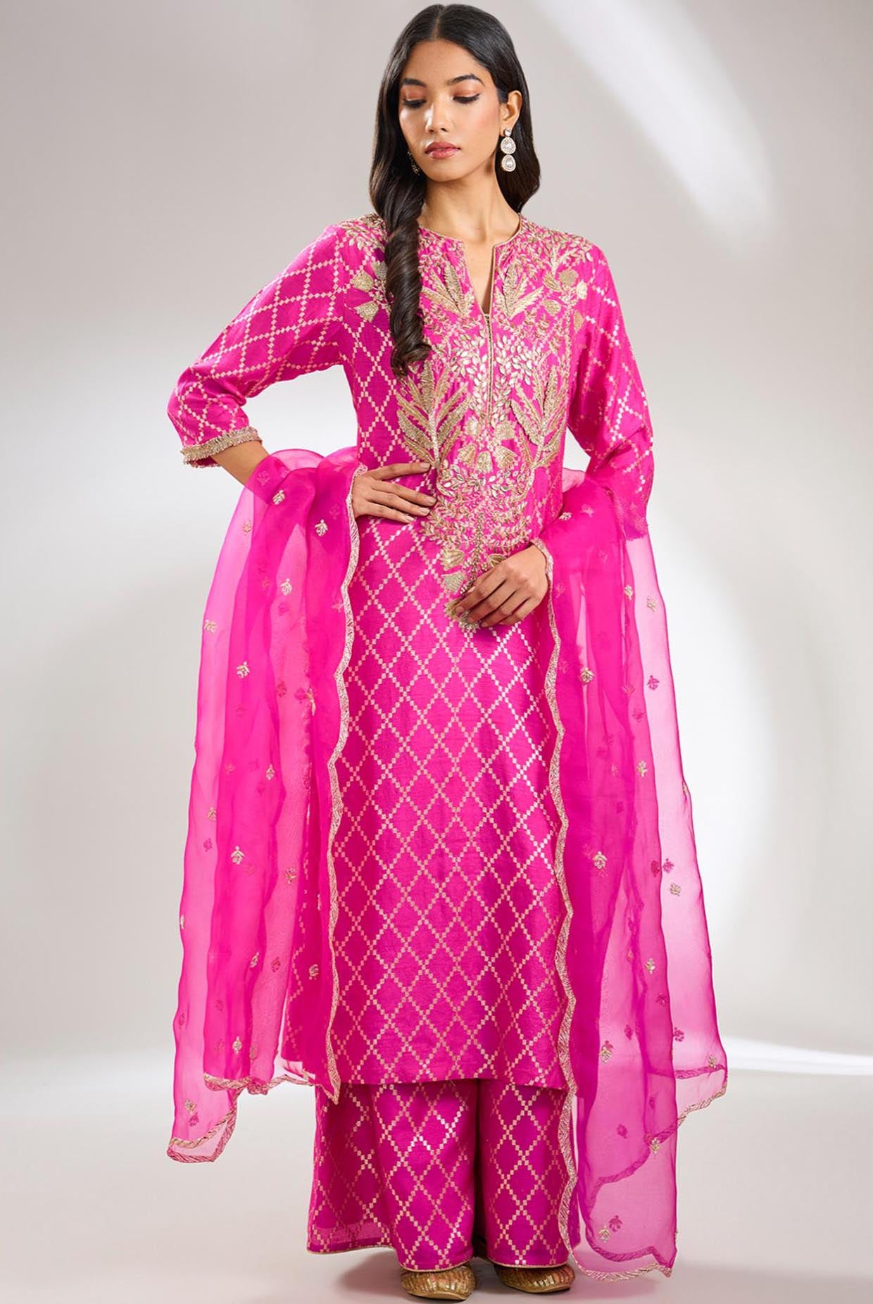 Hot Pink Embroidered Kurta With Pant And Embroidered Dupatta
