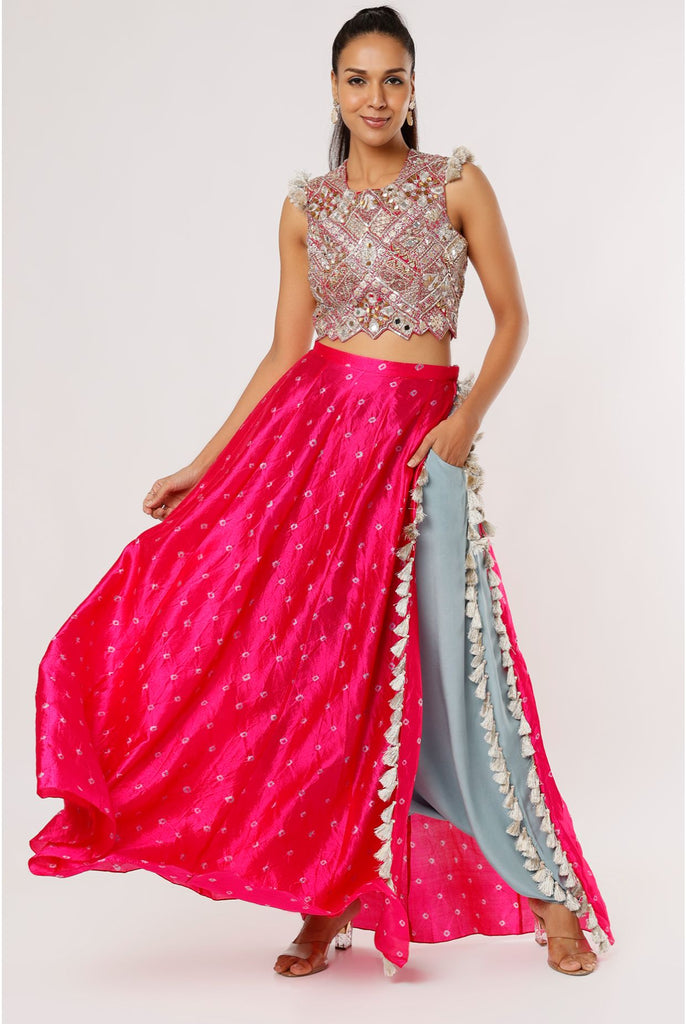 HOT PINK GEORGETTE EMBROIDERED CHOLI AND PERIWINKLE BLUE CREPE LOW CROTCH PANT WITH ATTACHED PINK BANDHANI SILK SKIRT