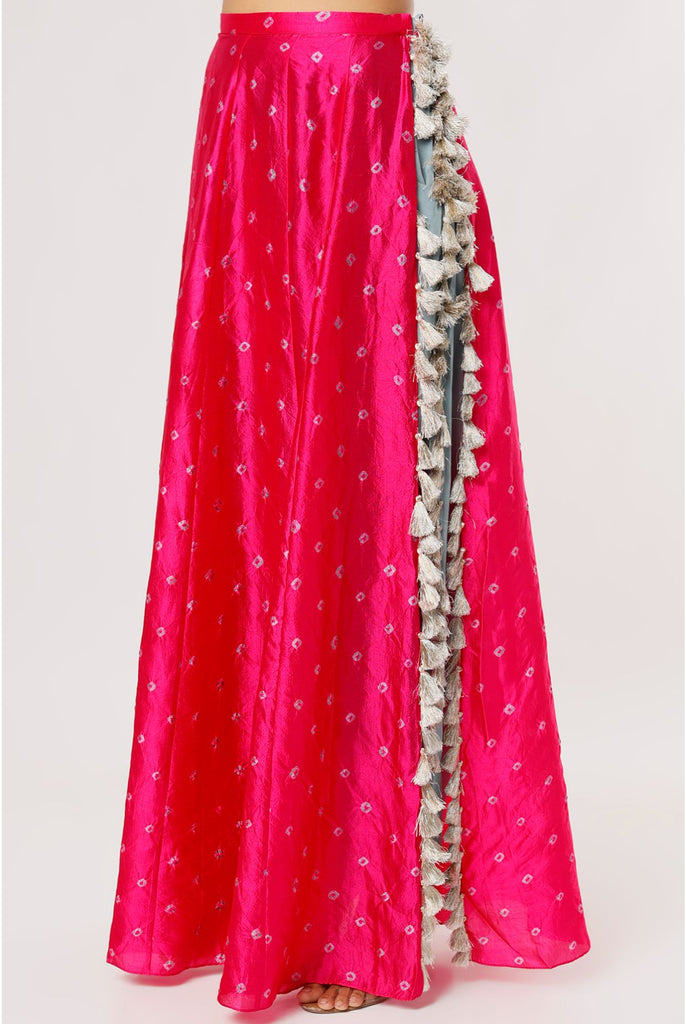 HOT PINK GEORGETTE EMBROIDERED CHOLI AND PERIWINKLE BLUE CREPE LOW CROTCH PANT WITH ATTACHED PINK BANDHANI SILK SKIRT
