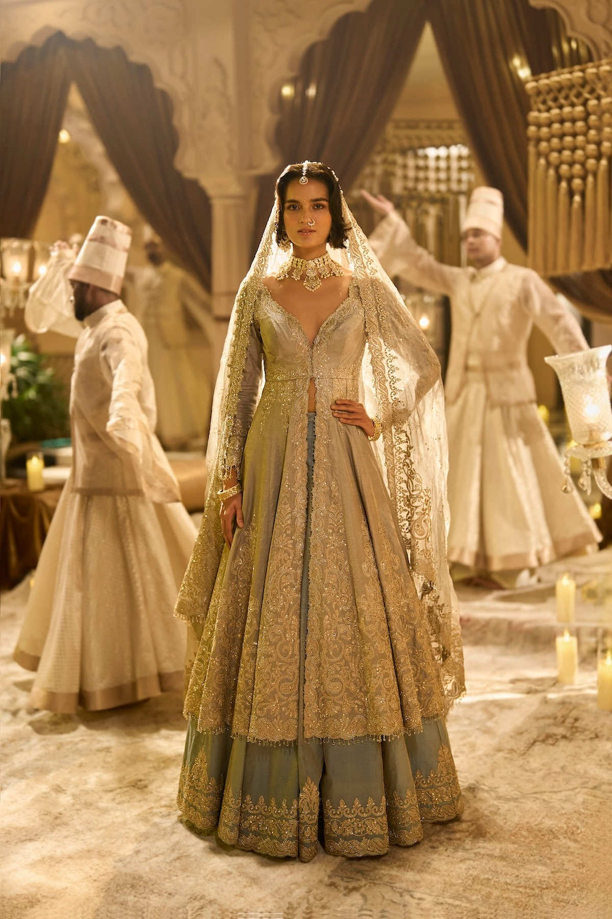 Ice Blue Tissue Jacket Lehenga Set