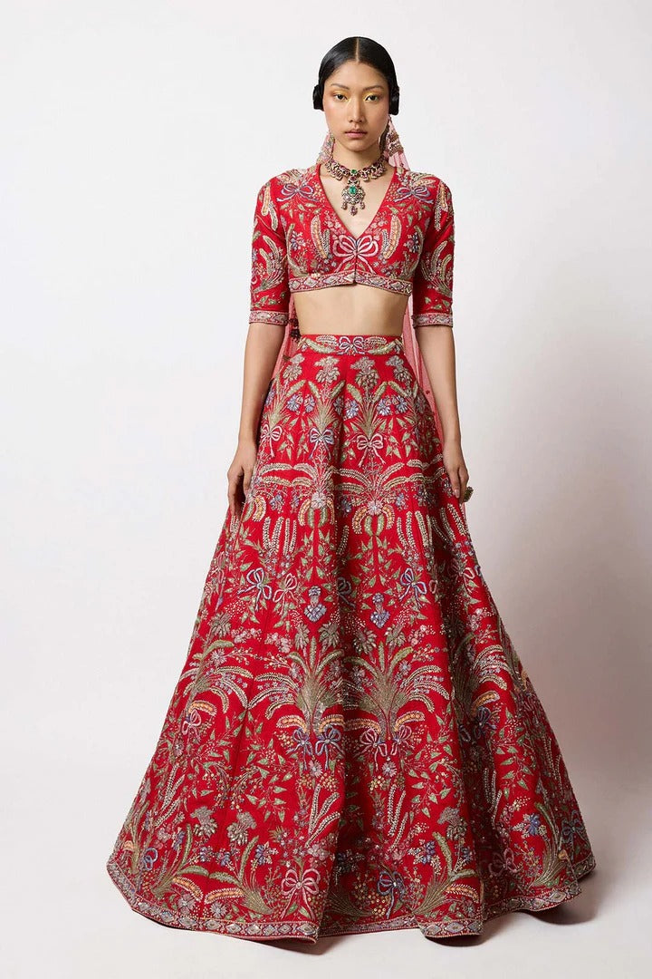 Crimelle - Red Raw Silk Lehenga Set - Ready to Ship