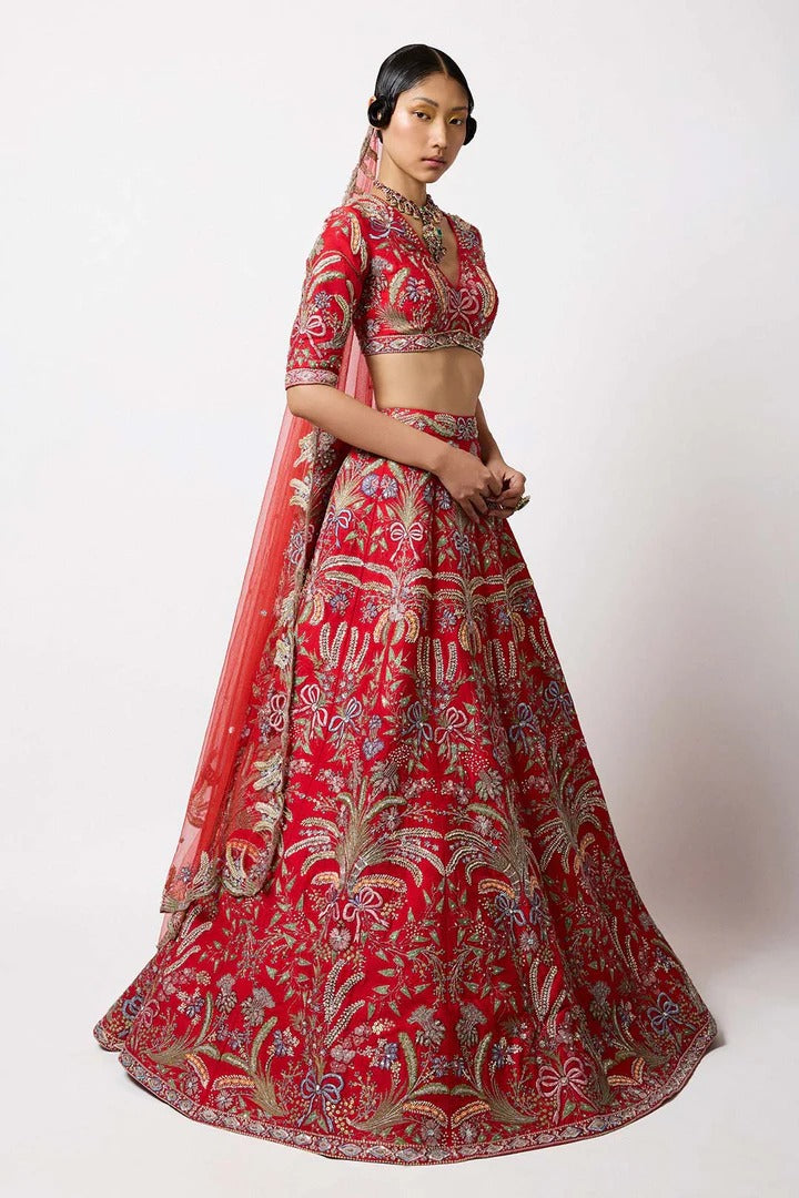 Crimelle - Red Raw Silk Lehenga Set - Ready to Ship