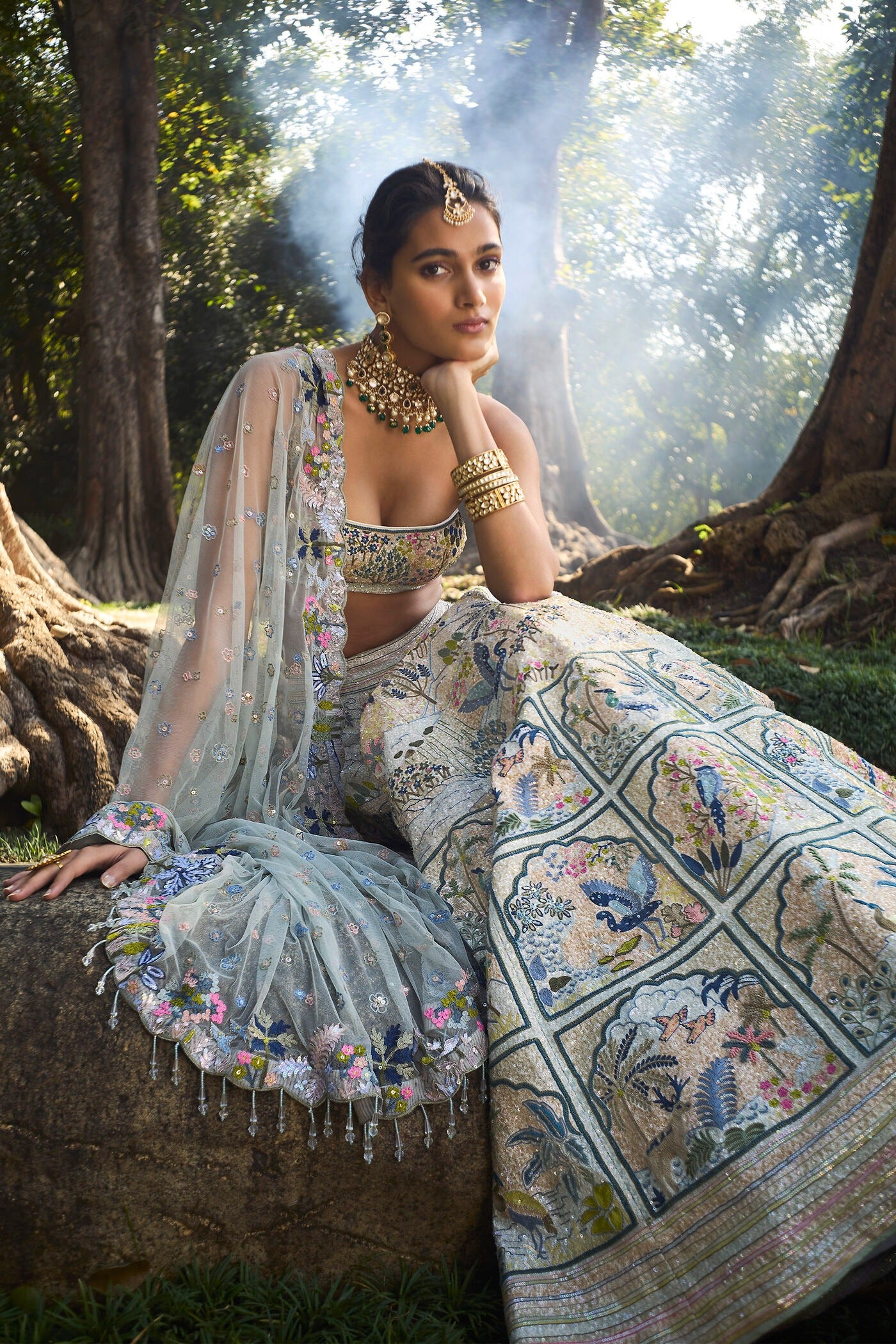 Woodelia Embroidered Silk Lehenga Set - Natural