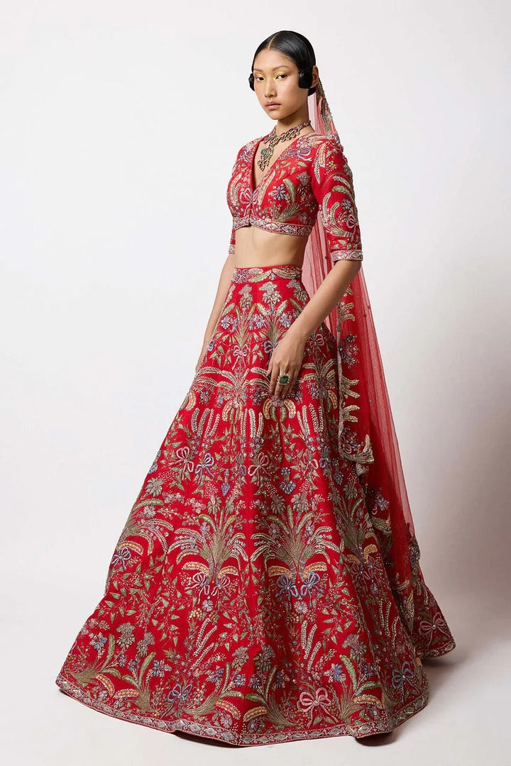 Crimelle - Red Raw Silk Lehenga Set - Ready to Ship