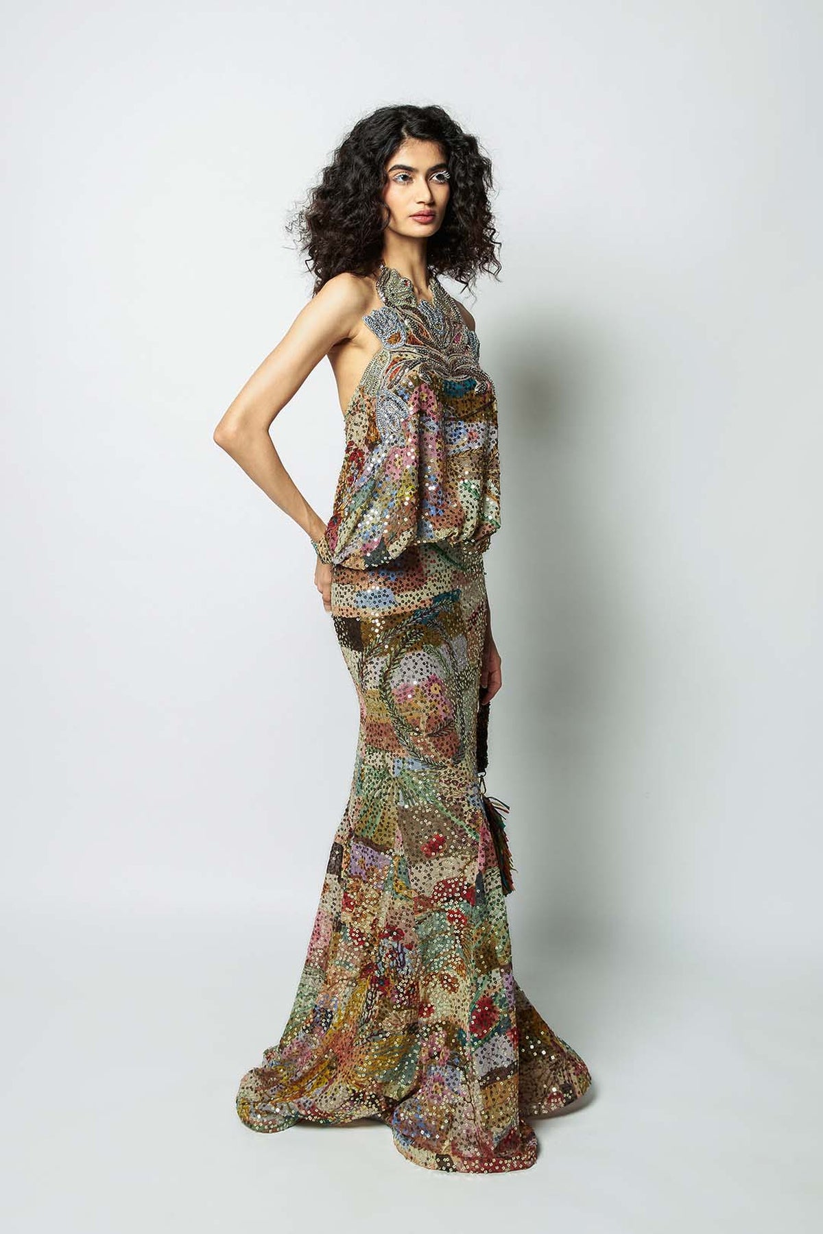 Interfloris - Multicolour printed sequin georgette gown