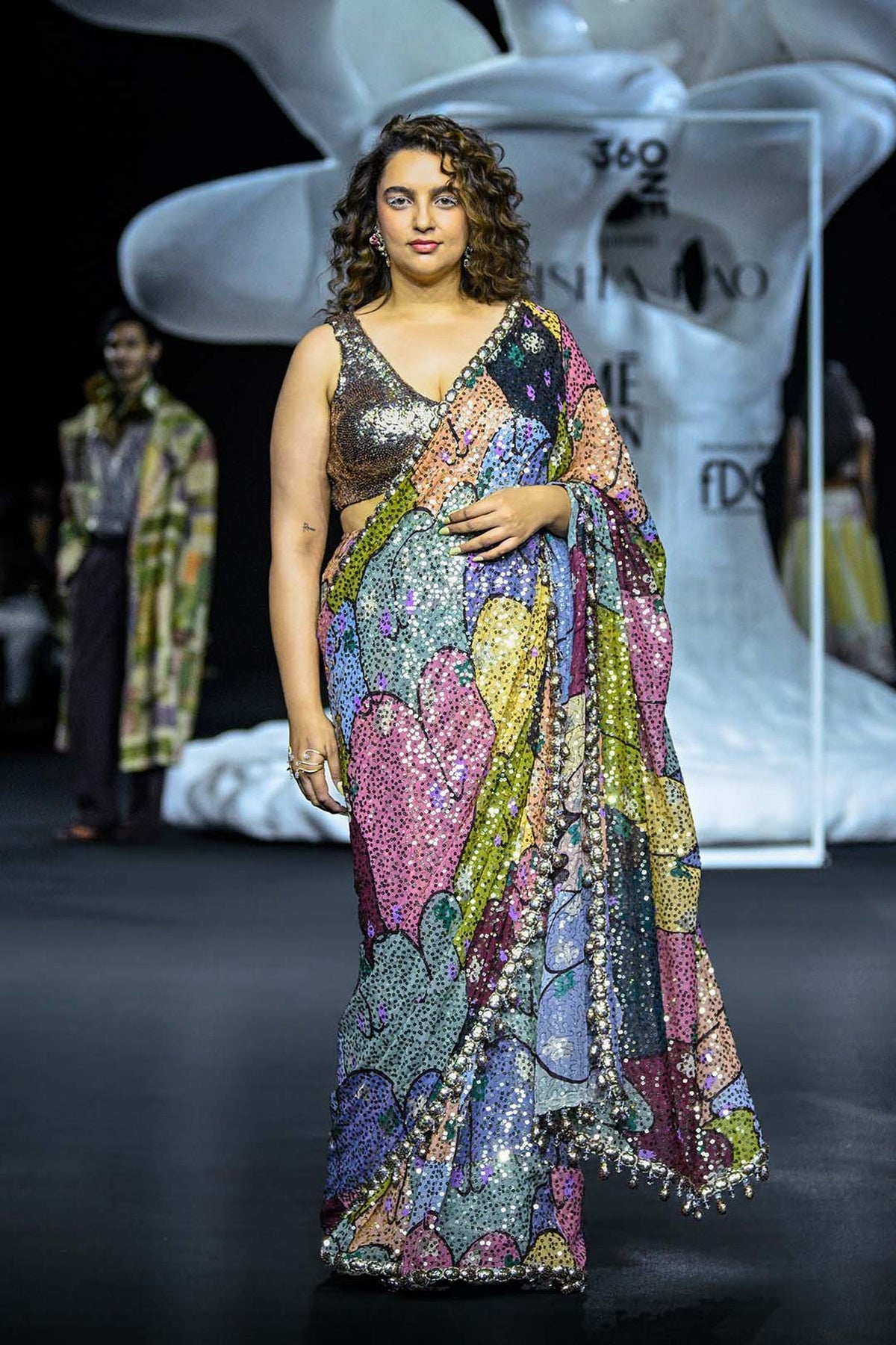 Interflos - multicolour printed sequin georgette draped saree