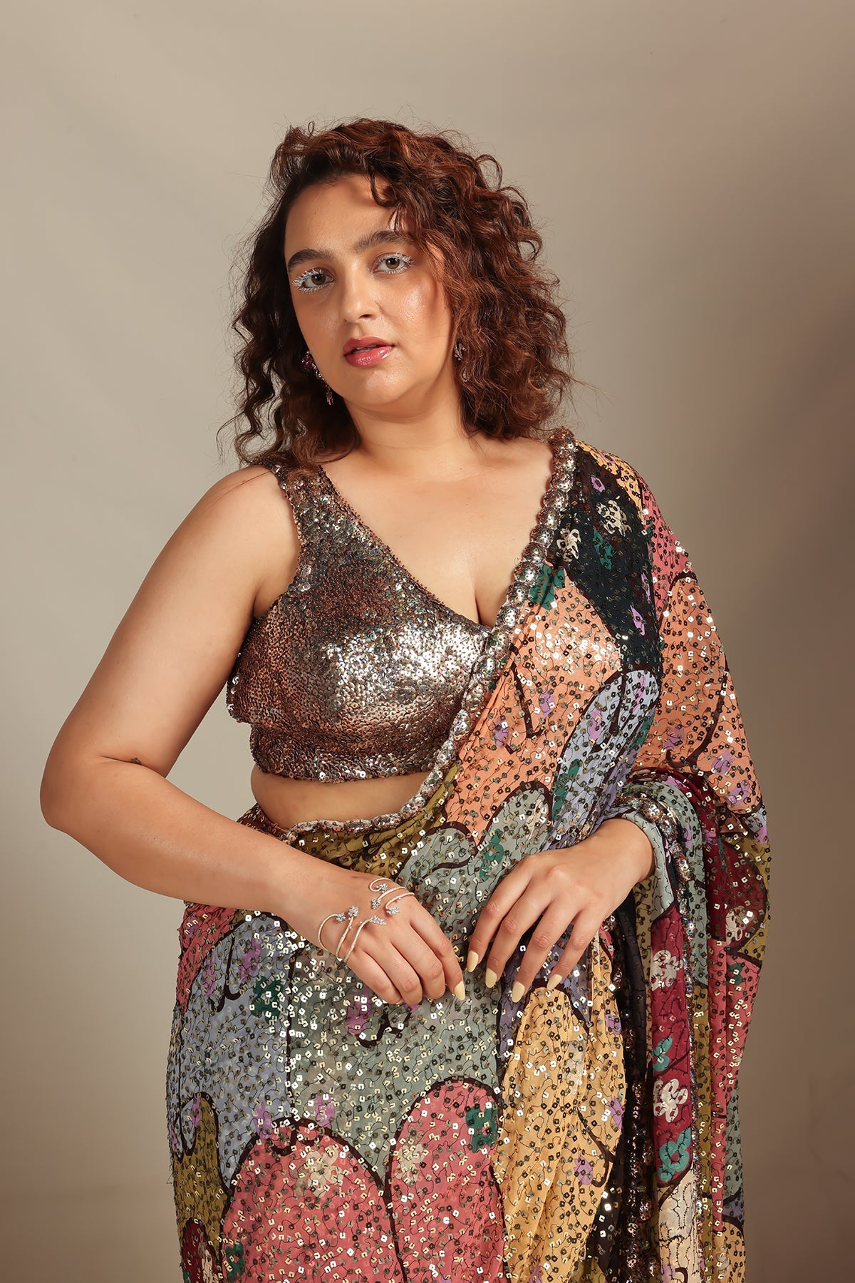 Interflos - multicolour printed sequin georgette draped saree