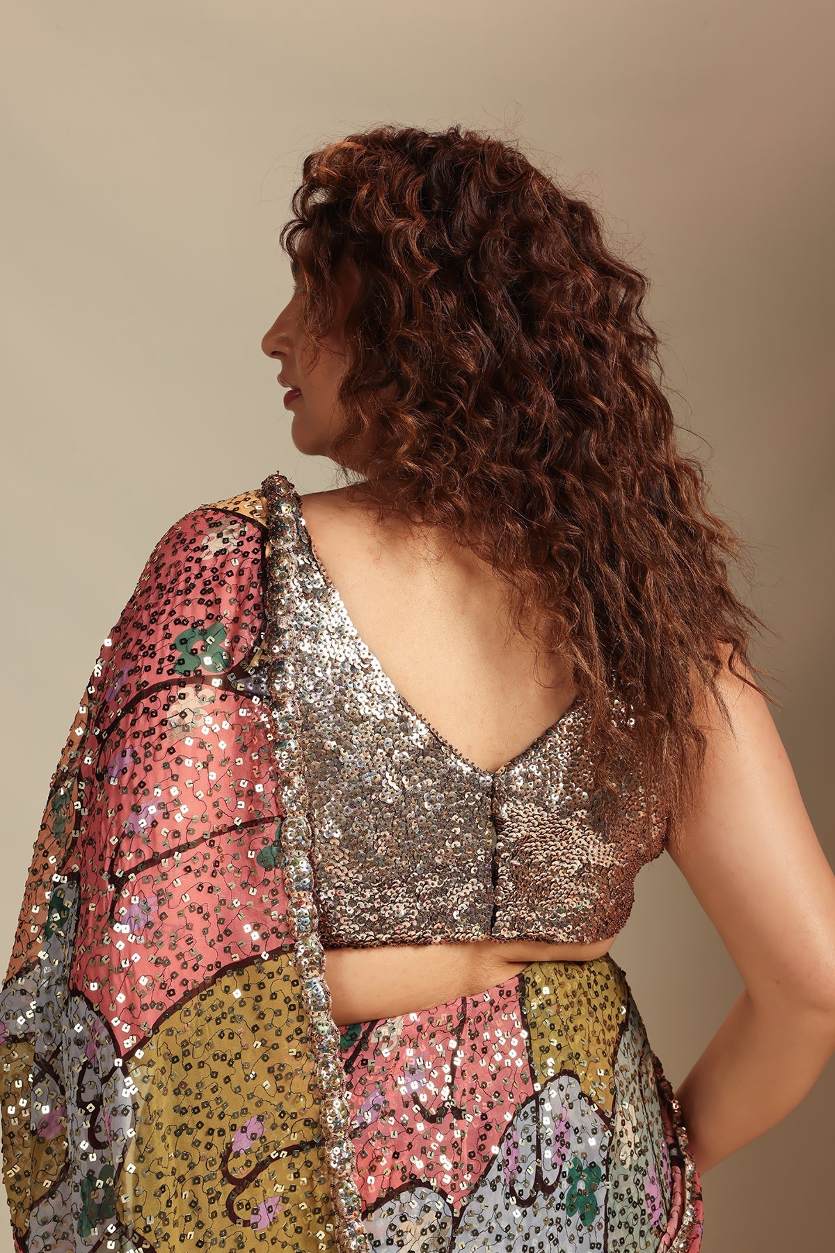 Interflos - multicolour printed sequin georgette draped saree