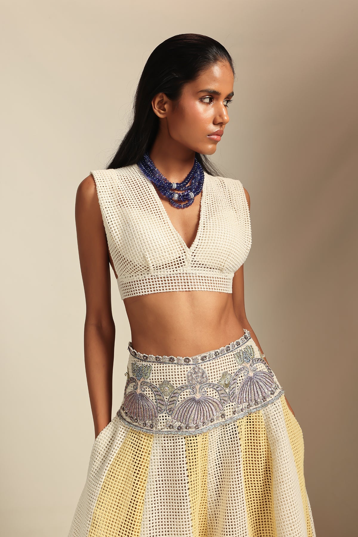 Interlumen - ivory yellow mesh lehenga