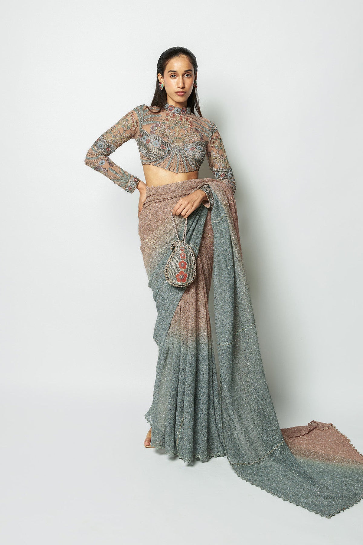Interora - pink teal blue ombre mesh saree