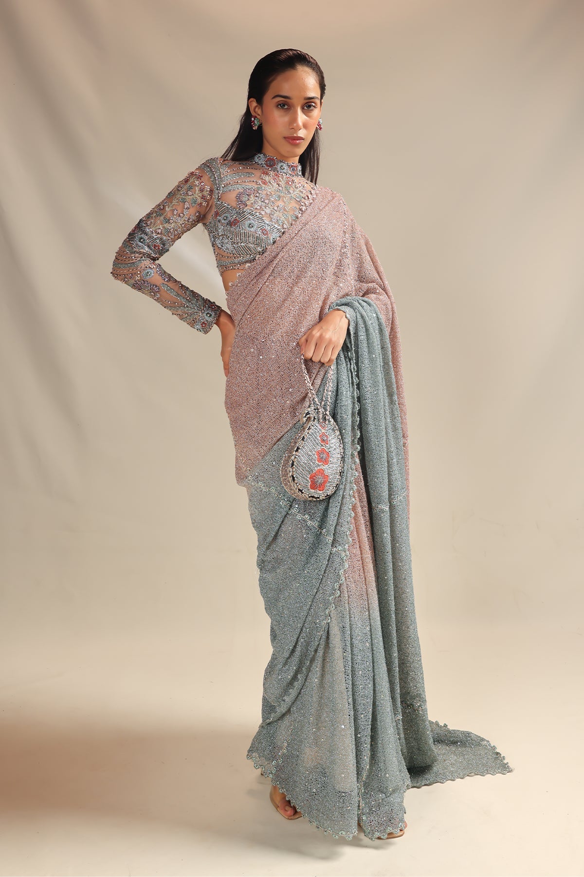 Interora - pink teal blue ombre mesh saree