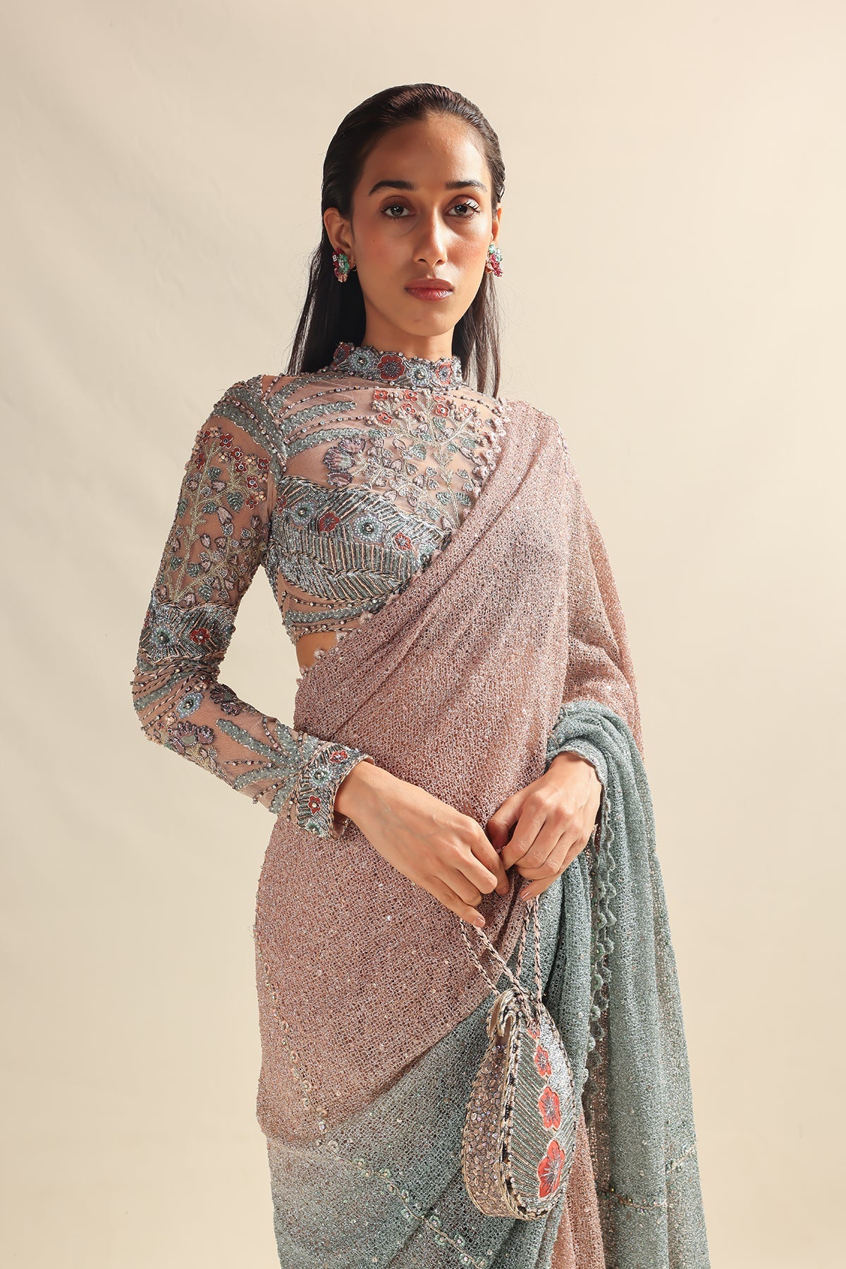 Interora - pink teal blue ombre mesh saree