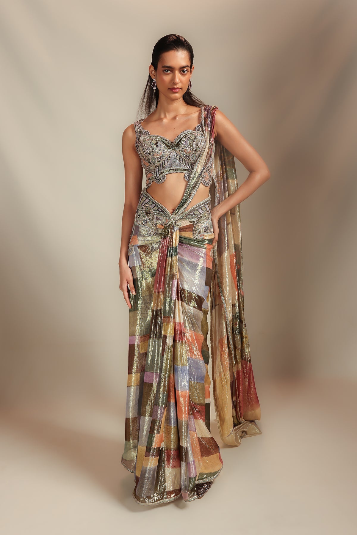 Intervarius - Multicolour printed lurex draped saree