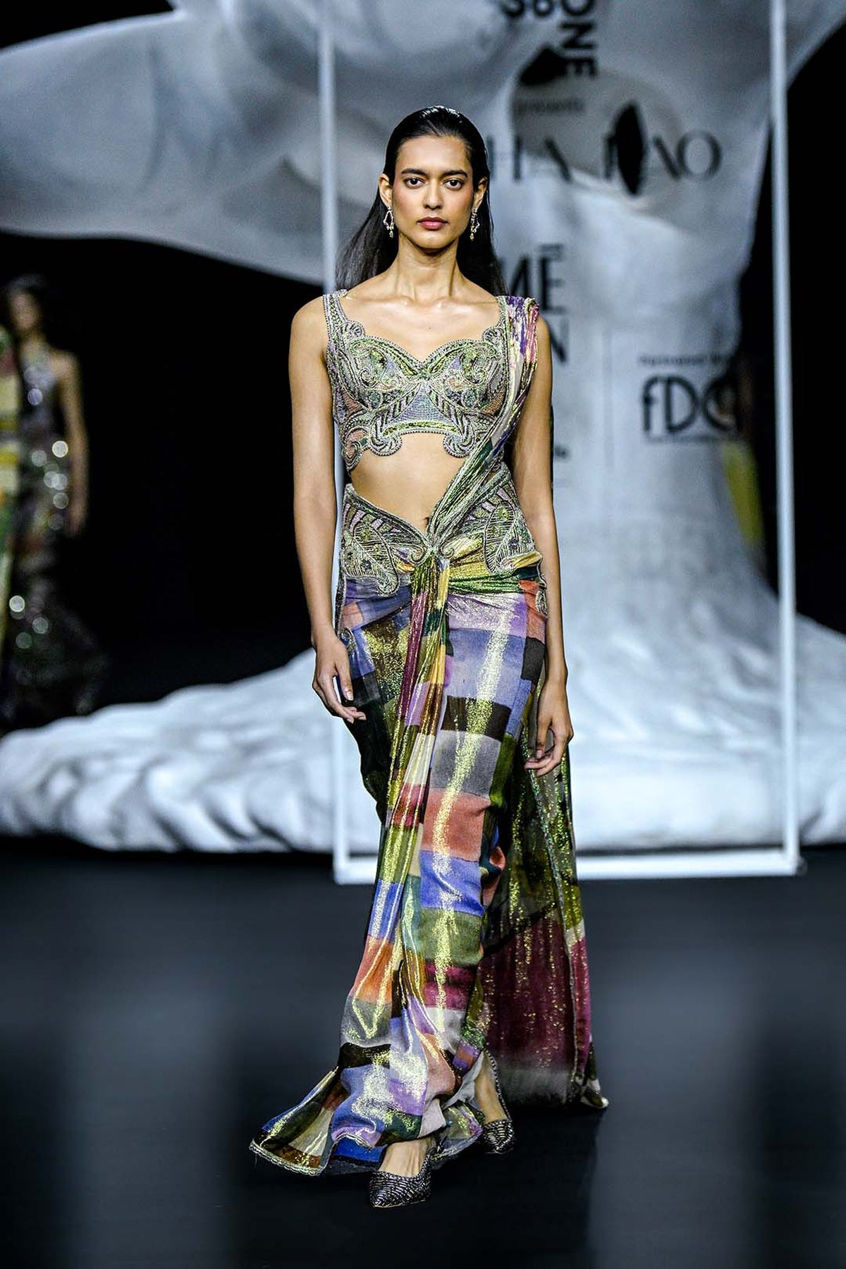 Intervarius - Multicolour printed lurex draped saree