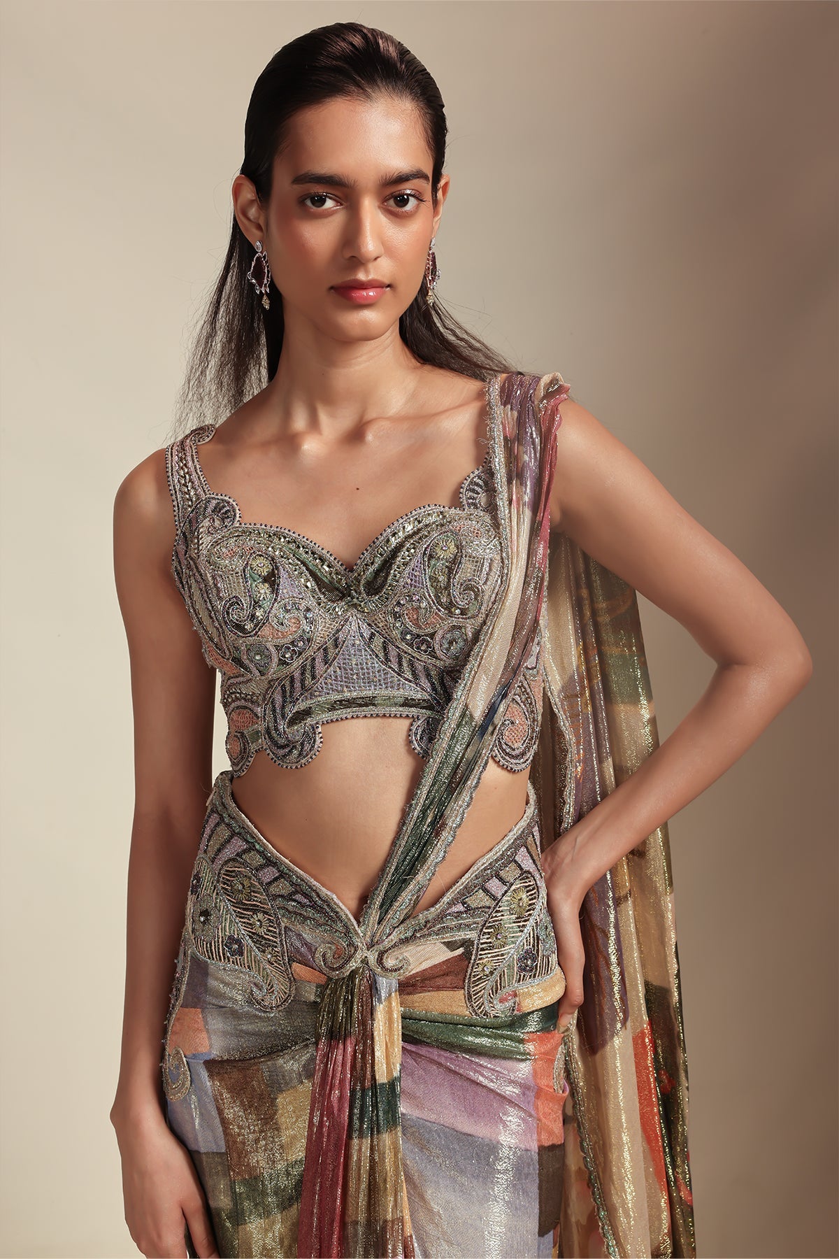 Intervarius - Multicolour printed lurex draped saree