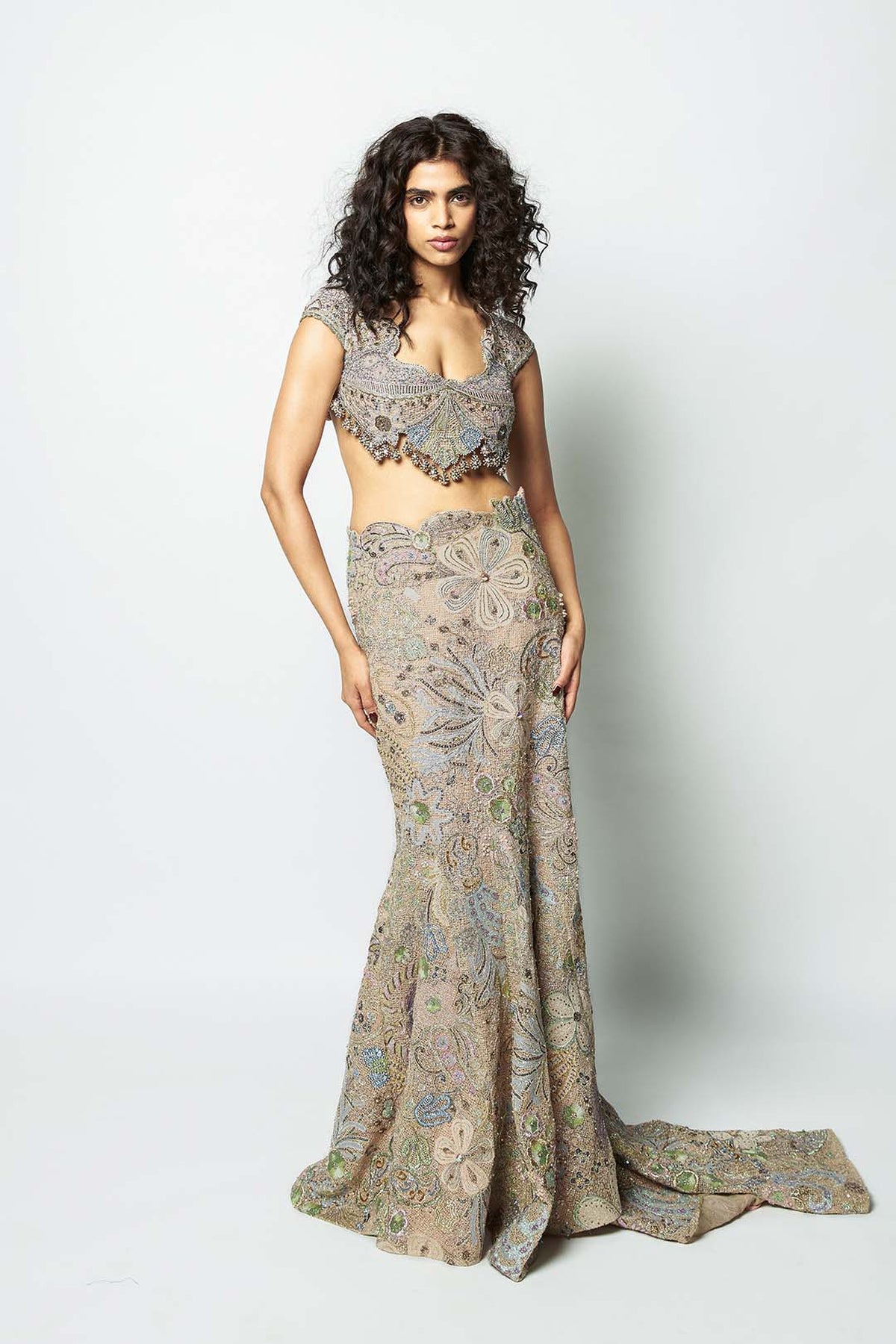 Interveil - baby pink mesh mermaid lehenga