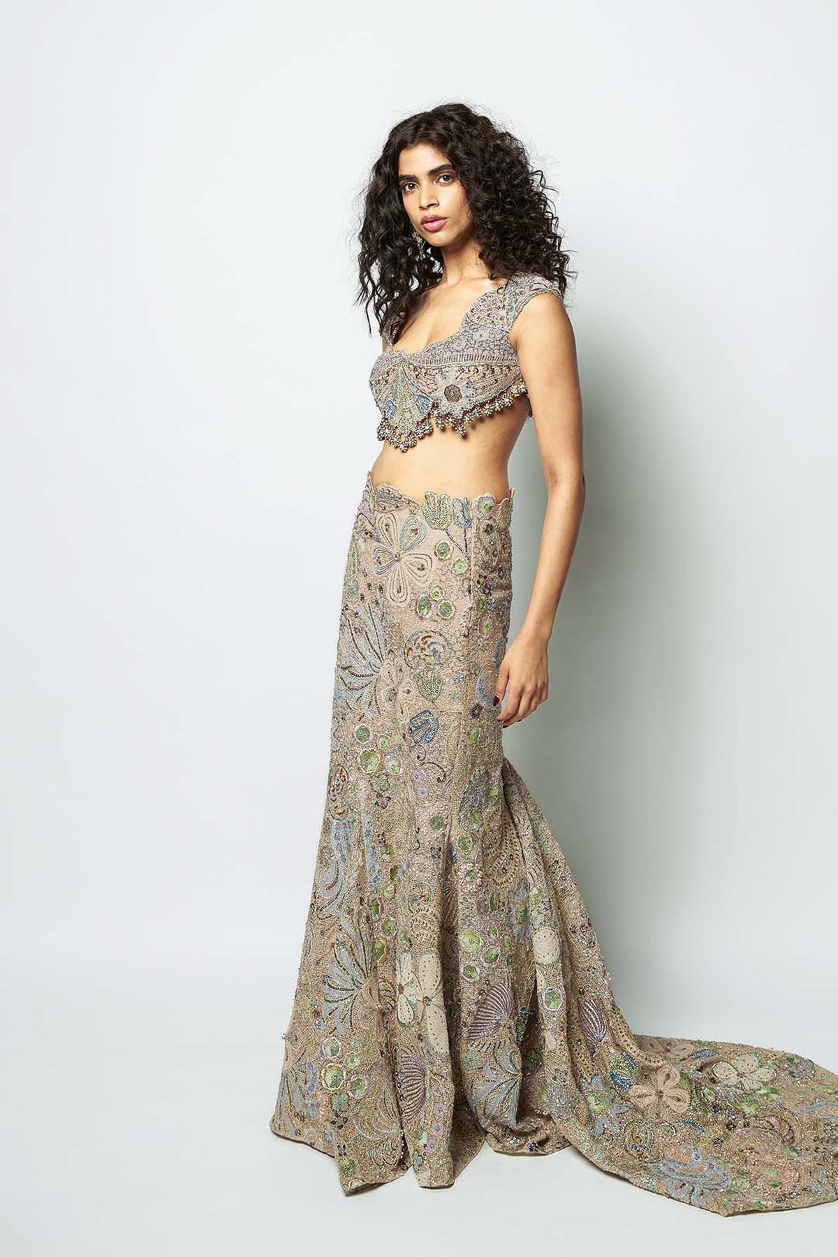 Interveil - baby pink mesh mermaid lehenga