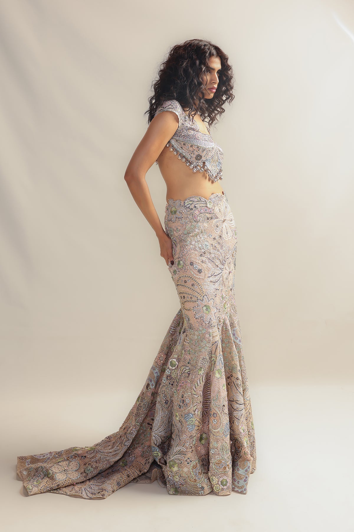 Interveil - baby pink mesh mermaid lehenga