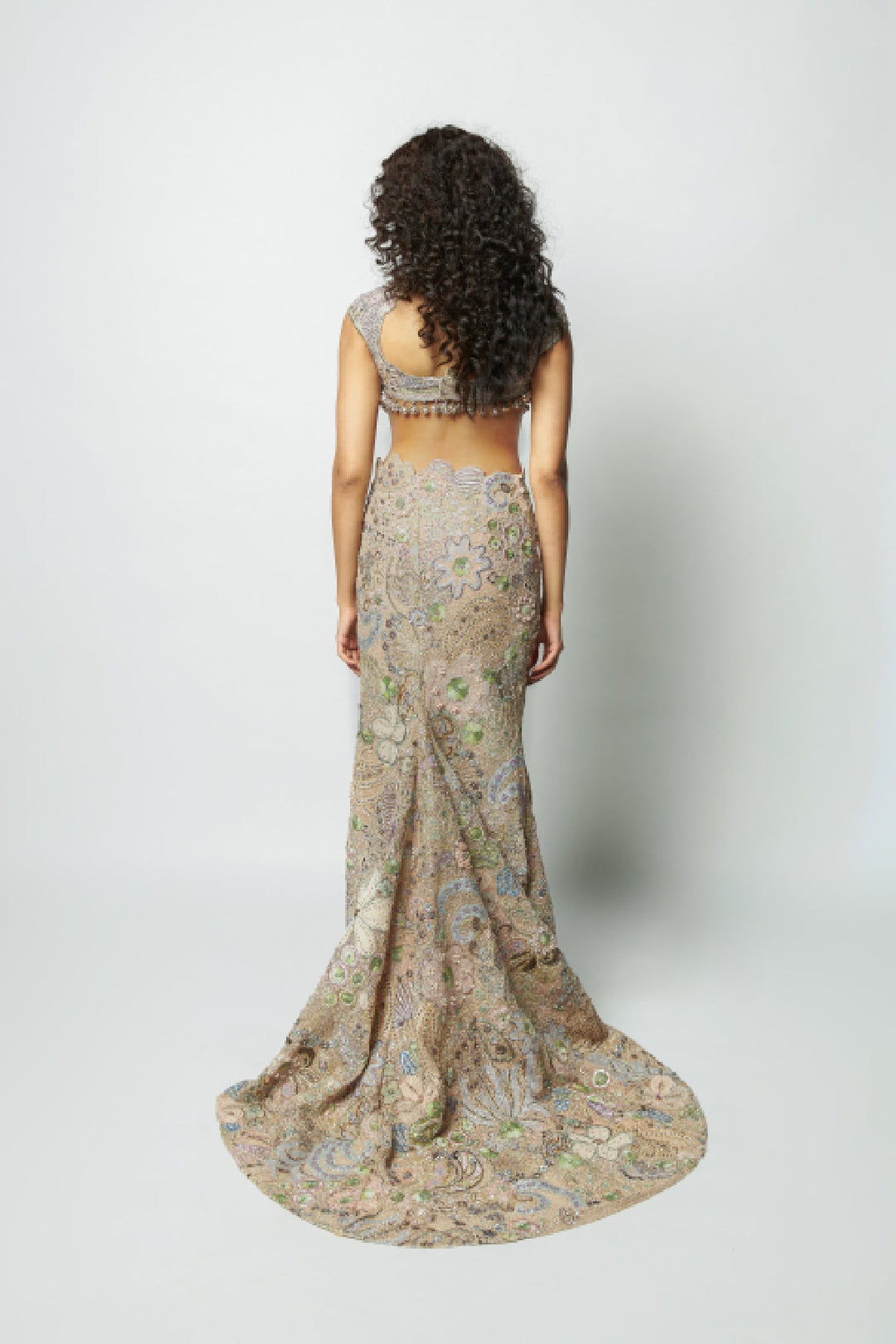 Interveil - baby pink mesh mermaid lehenga