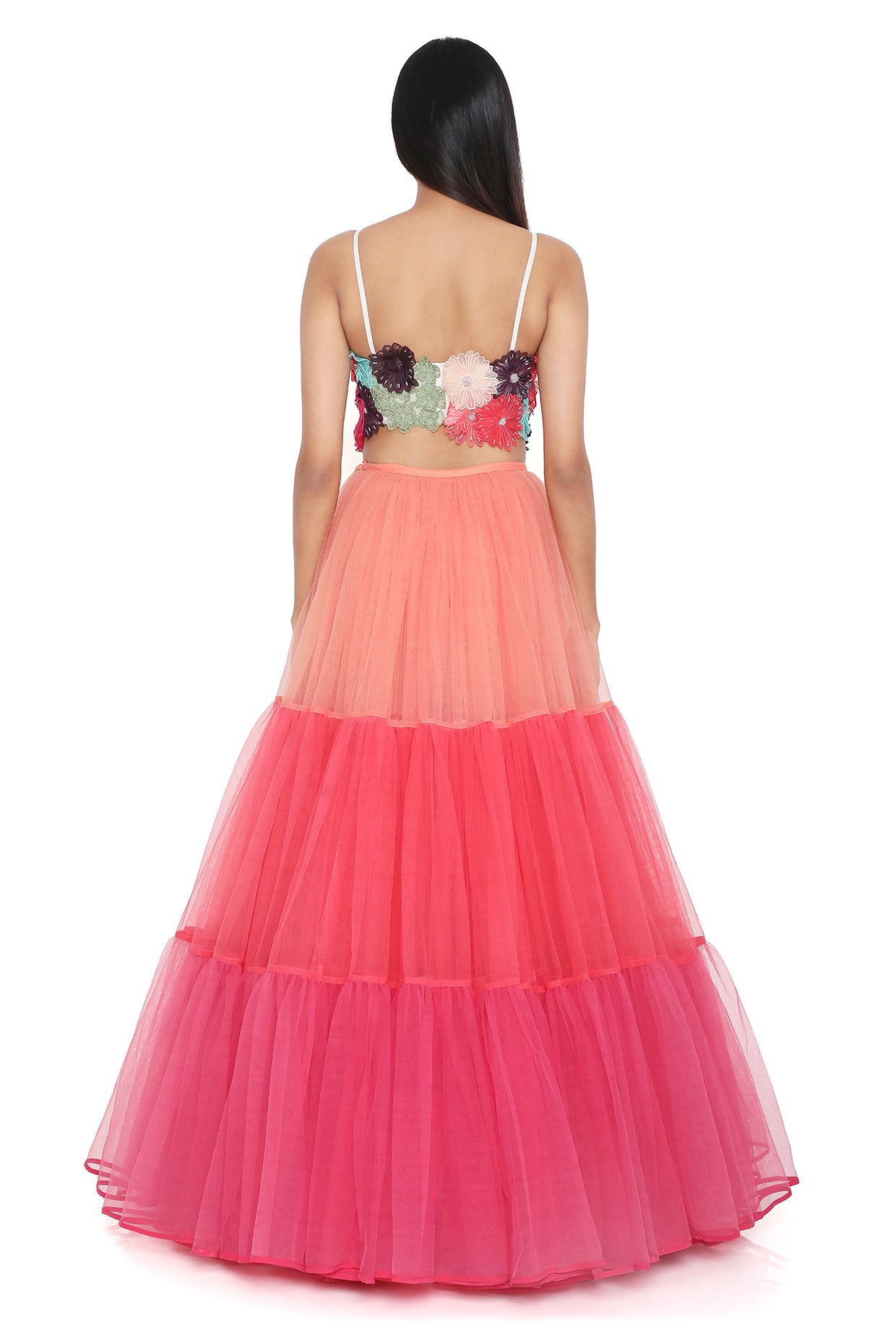 Isabella Off White 3d Flower Embroidered Choli With Multi Colour Layered Lehenga