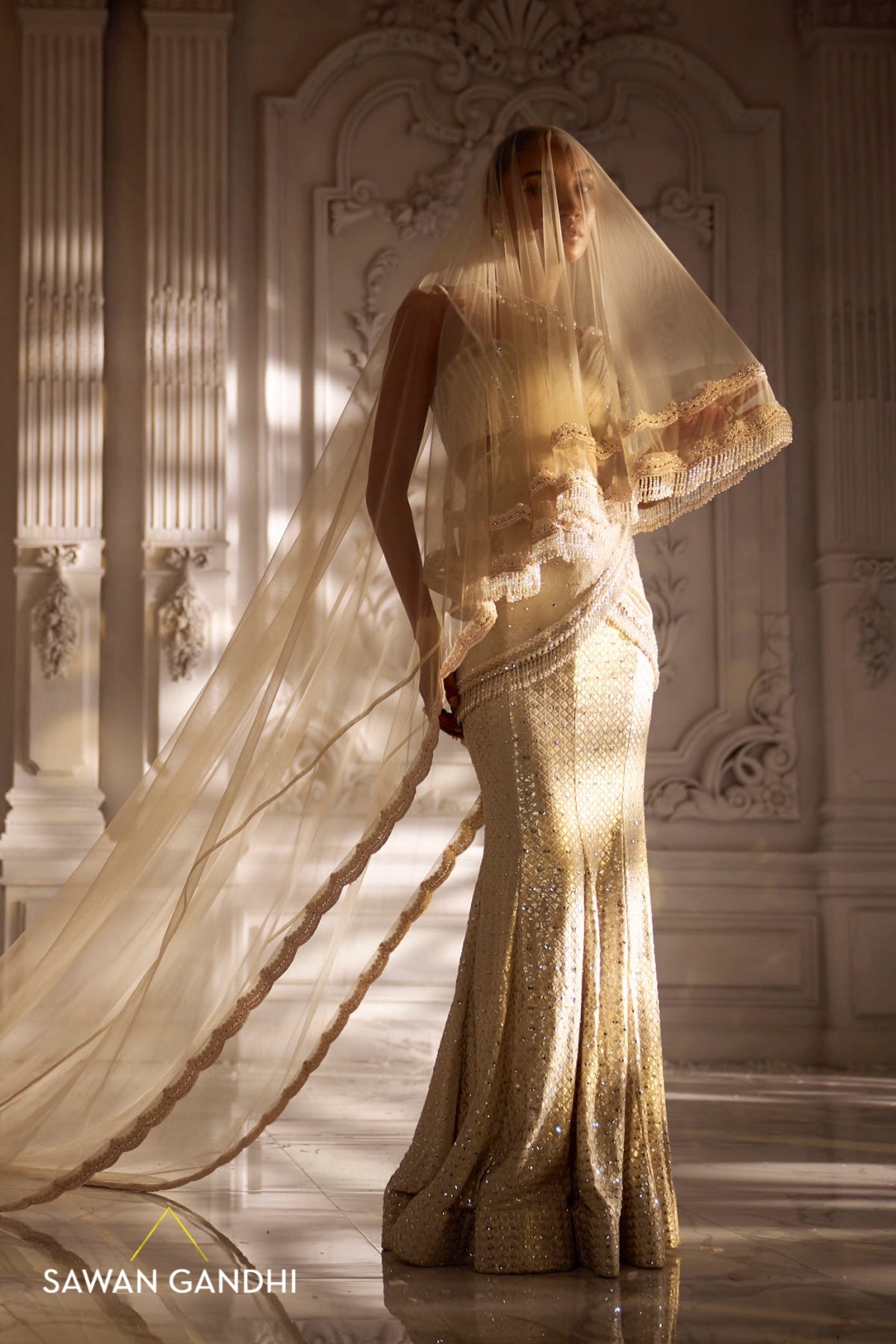 Ivory drape saree