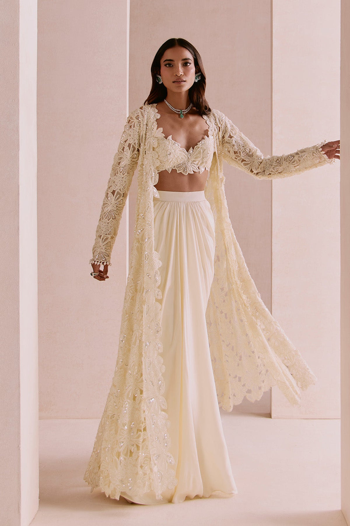 Ivory floral cutwork cape set
