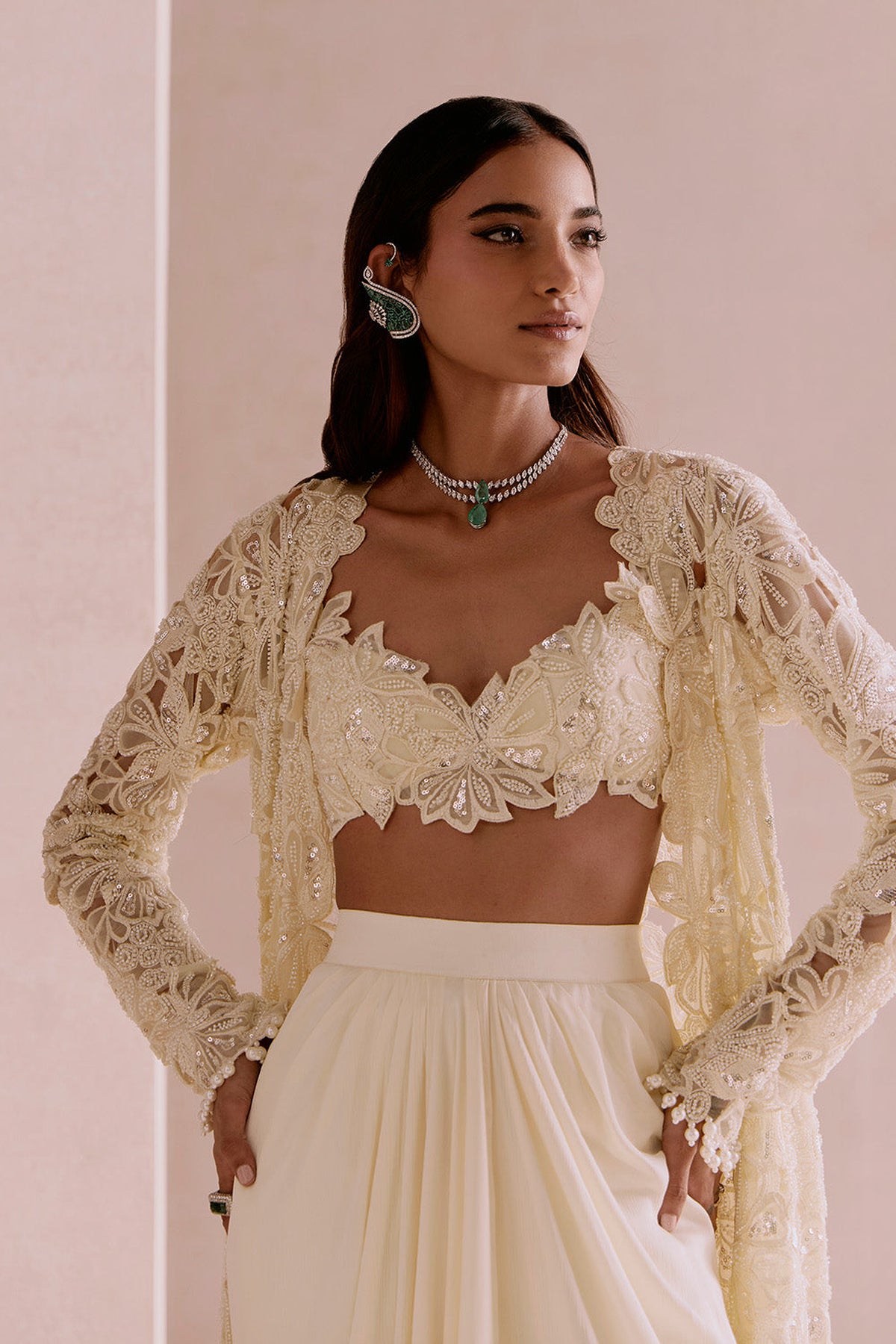 Ivory floral cutwork cape set