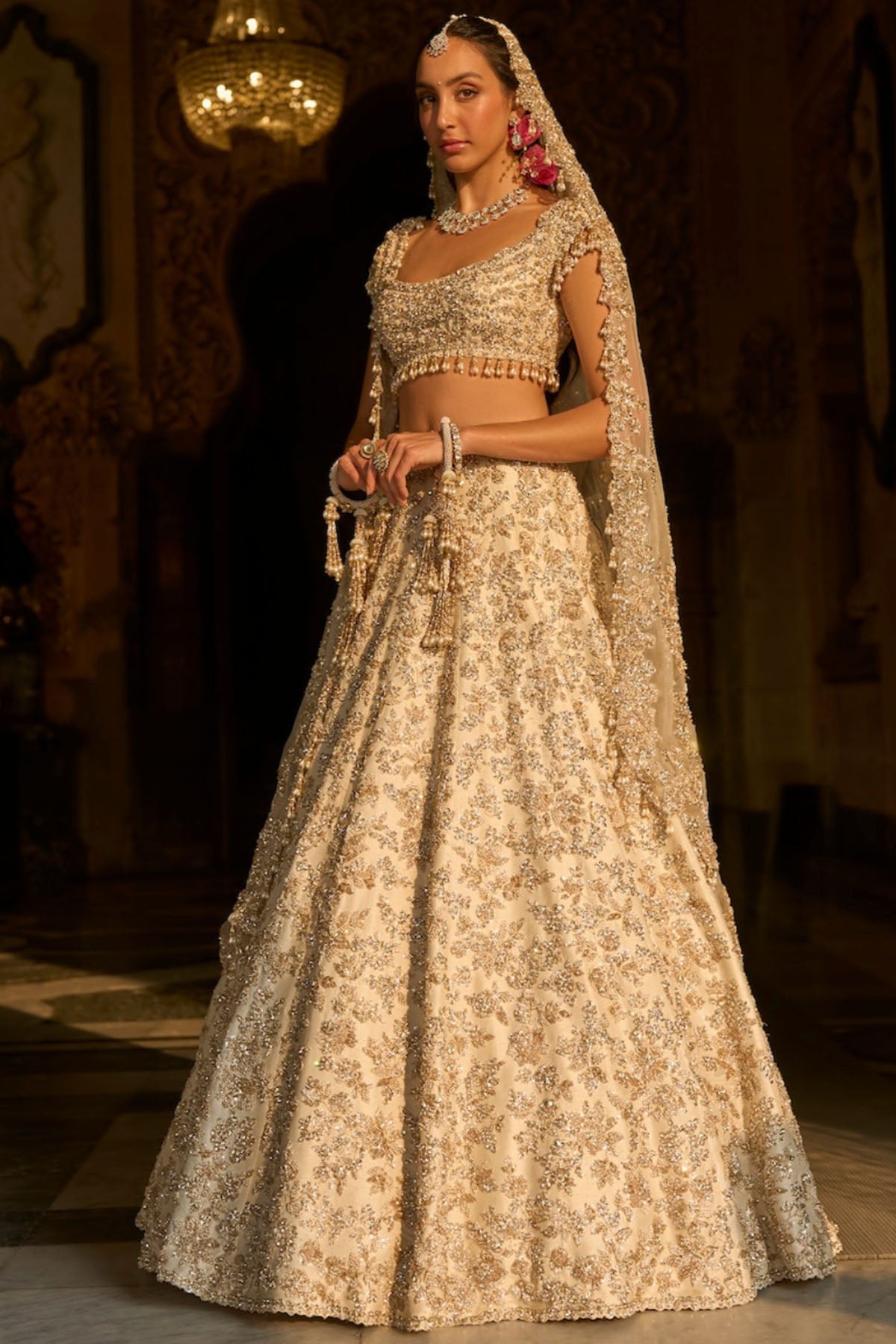 Ivory Gold Floral Zardosi Lehenga Set
