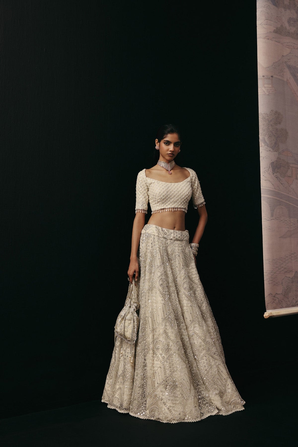 Ivory Mirrorwork Lehenga with Short Sleeves Wide Neck Blouse and Beadwork Dupatta
