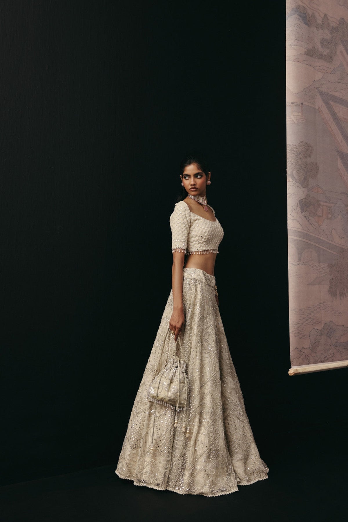 Ivory Mirrorwork Lehenga with Short Sleeves Wide Neck Blouse and Beadwork Dupatta
