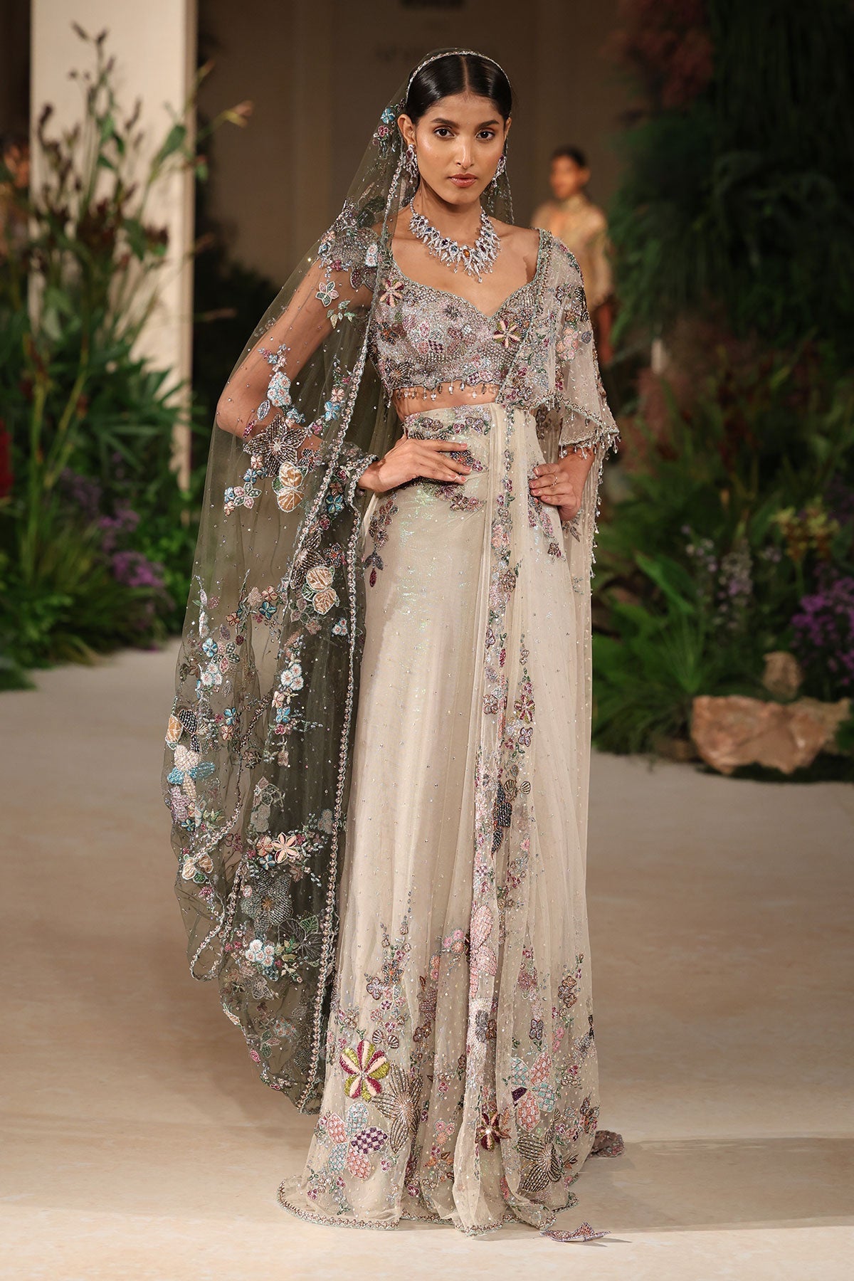 Dewchant - ivory tulle drape saree