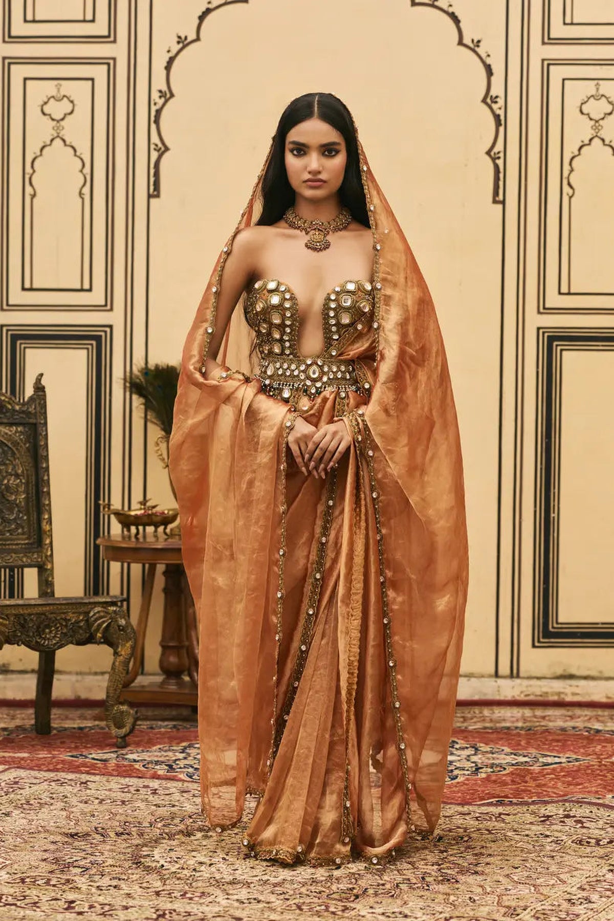 Kesariya Jadaau Corset Saree Set