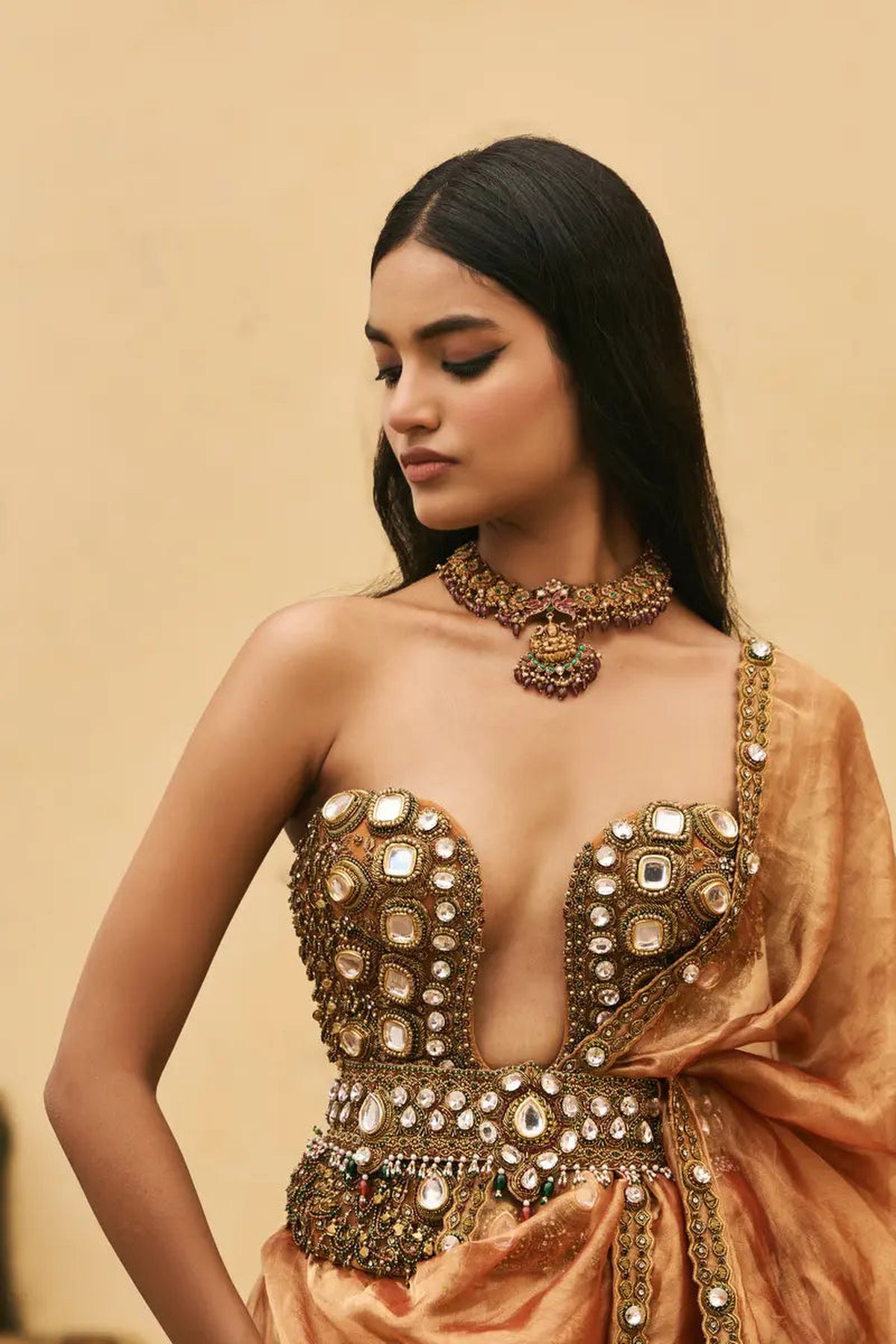 Kesariya Jadaau Corset Saree Set