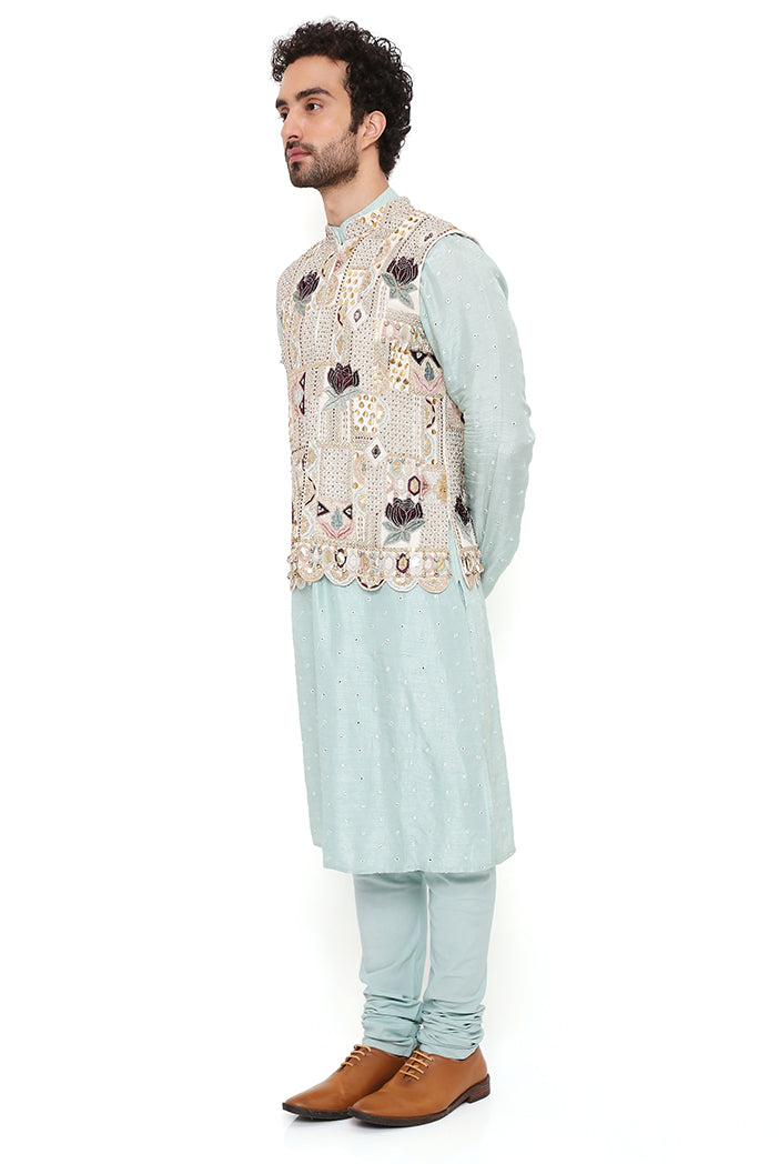 KIAAN OFF WHITE GEORGETTE EMBROIDERED BANDI WITH AQUA ABLA SILK KURTA AND OFF WHITE COTTON SILK CHURIDAR