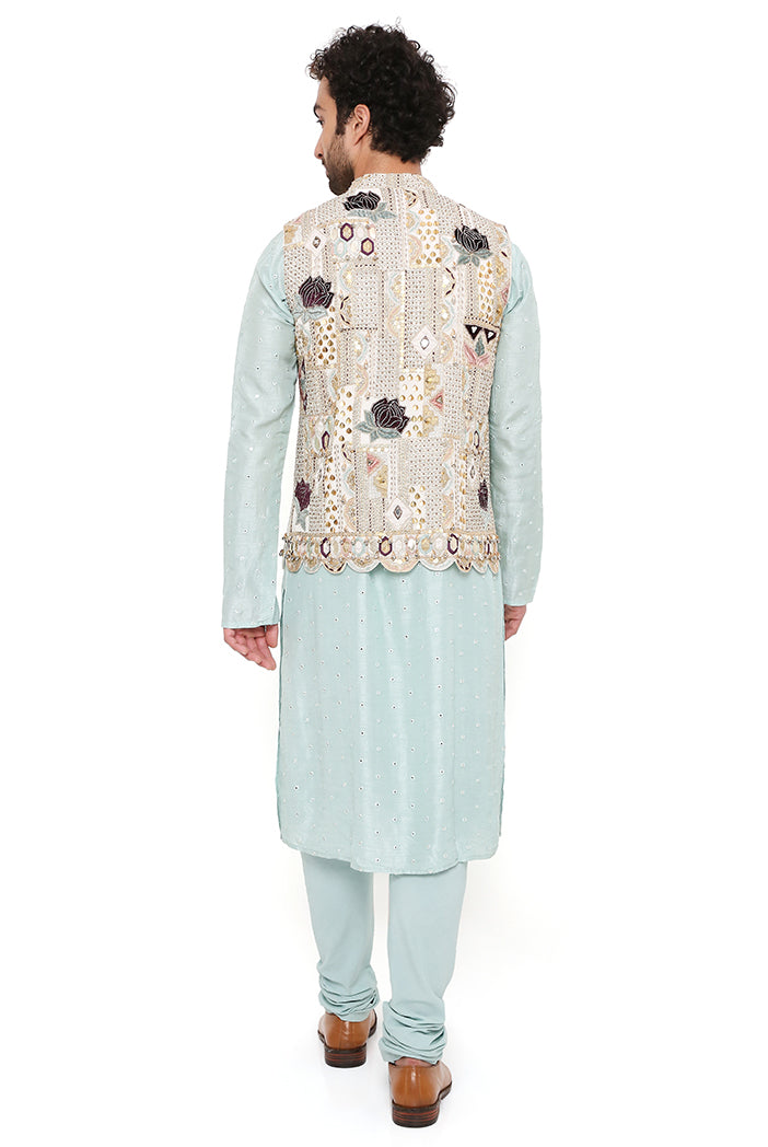 KIAAN OFF WHITE GEORGETTE EMBROIDERED BANDI WITH AQUA ABLA SILK KURTA AND OFF WHITE COTTON SILK CHURIDAR